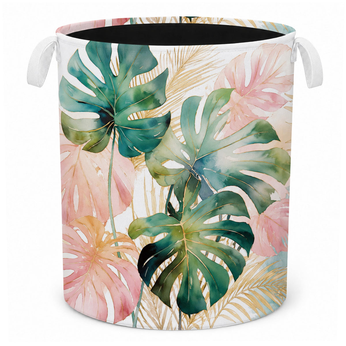 Billaion Tropical Monstera Leaf Laundry Basket, Pink Green Leaf Laundry Hamper Waterproof Collapsible Clothes Storage Bin Organi