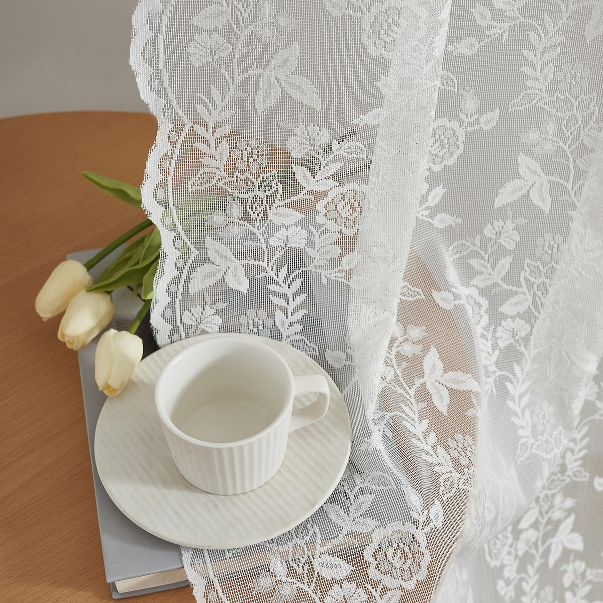 Finecity Short Lace Curtains 36 Inch Length For Small Window, Rustic Leaf Floral Design Lace Cafe Curtains 2 Panels, Rod Pocket