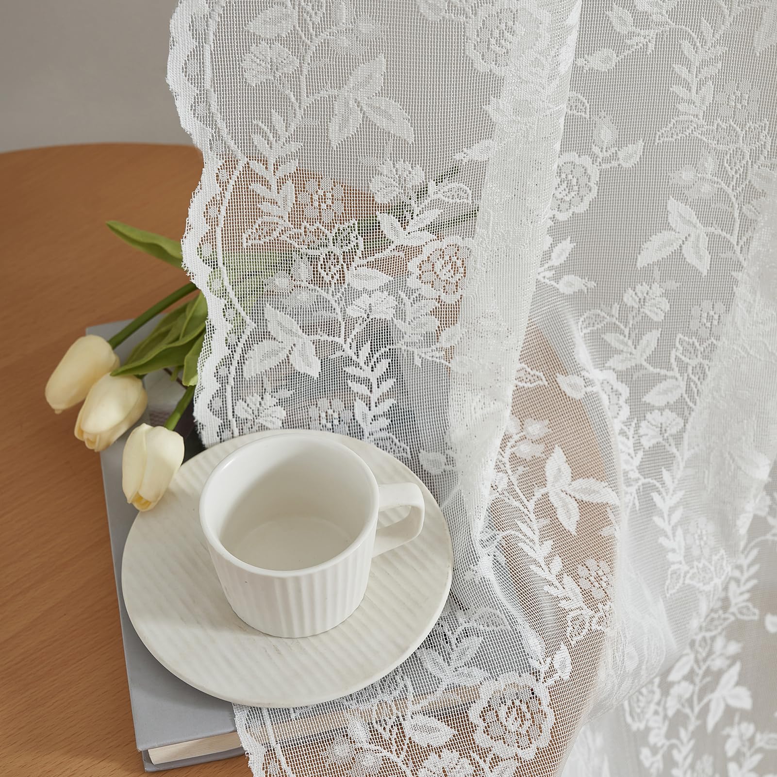 Finecity Short Lace Curtains 36 Inch Length For Small Window, Rustic Leaf Floral Design Lace Cafe Curtains 2 Panels, Rod Pocket