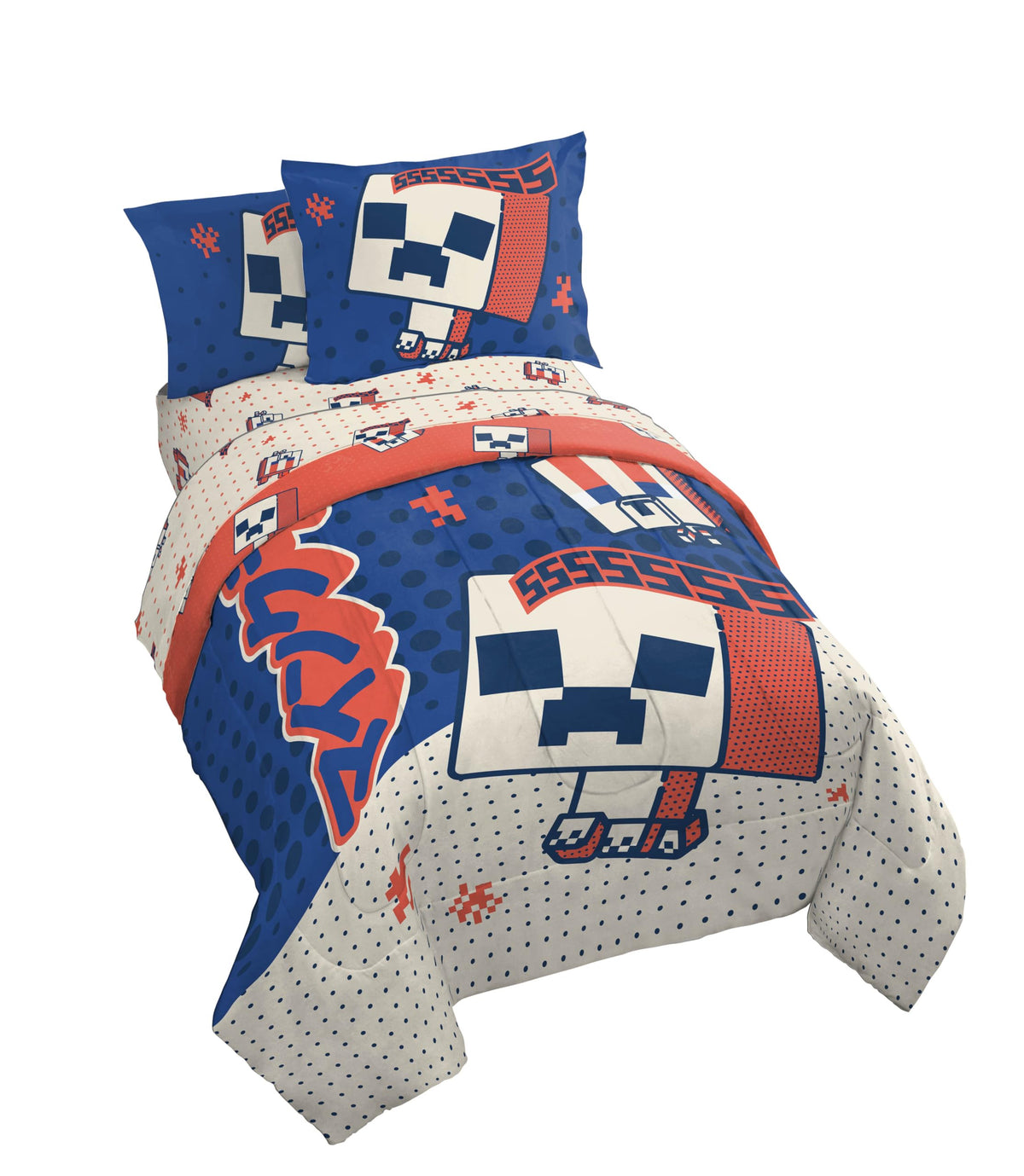 Jay Franco Minecraft Creeper Twin Comforter Set - 5 Piece Bedding Includes Sheet Set & Pillow Covers - Super Soft Red & Blue Ois