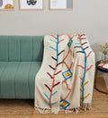 JutiePie Cotton Throw Blanket | 60x50 Inch Woven Coverlet with Cream and Blue Geometric Pattern and Tassels | Lightweight Blanke