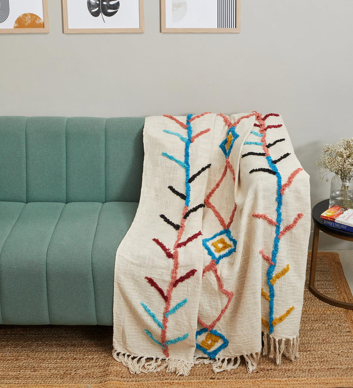JutiePie Cotton Throw Blanket | 60x50 Inch Woven Coverlet with Cream and Blue Geometric Pattern and Tassels | Lightweight Blanke