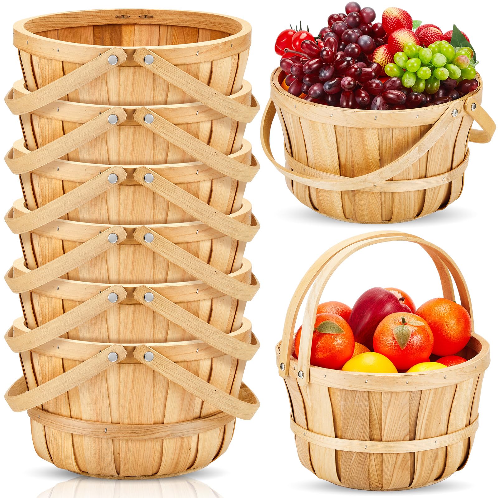 Marsui 6 Pcs 11 X 6.5' Large Round Wooden Basket Apple Baskets Fruit Bushel Baskets Farmers Fall Harvest Portable Garden Basket