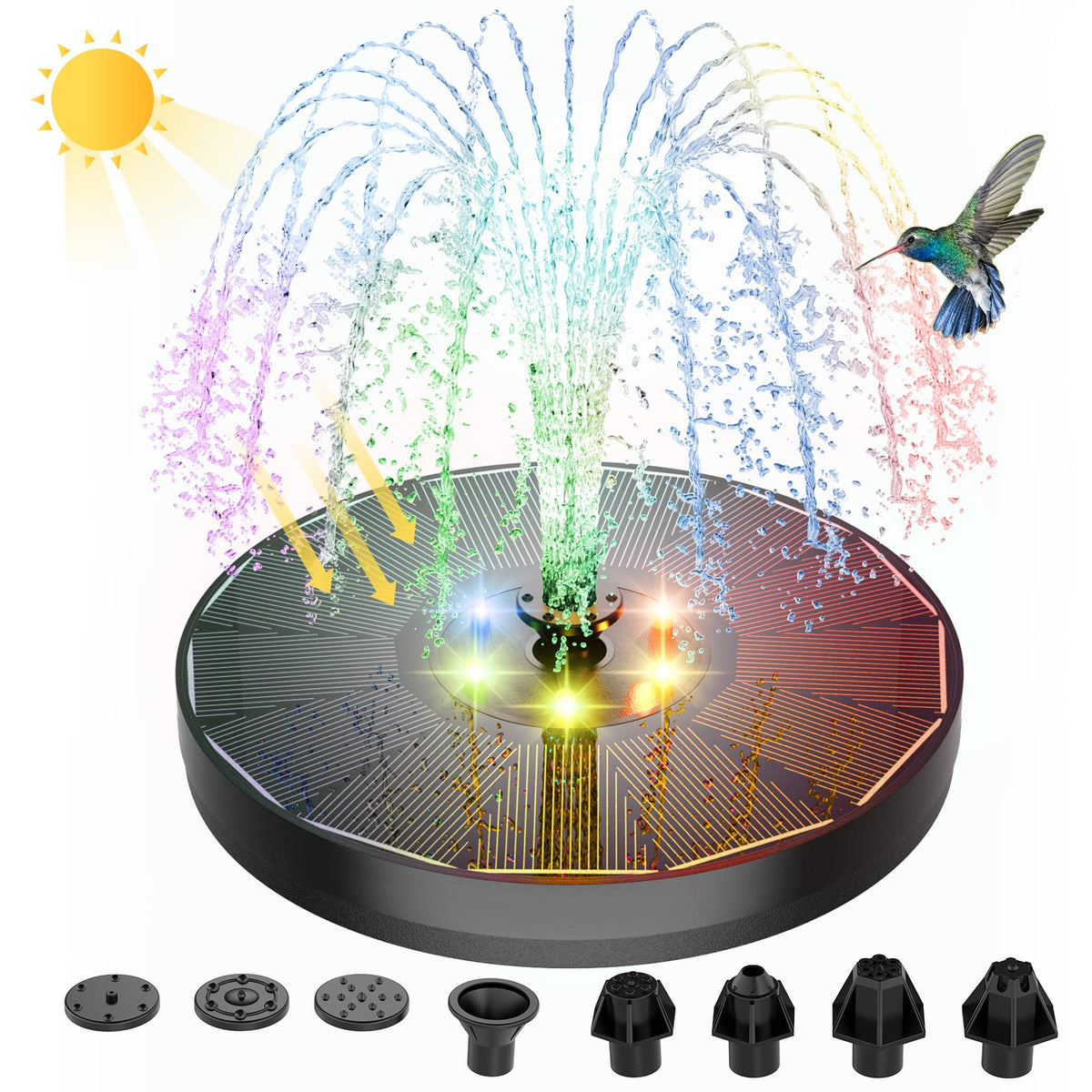 Alukiki Solar Powered Fountain 4W Bird Bath Fountains Pump Upgraded Glass Panel Fountains With Color Led Lights 7 Nozzles & 4 Fi