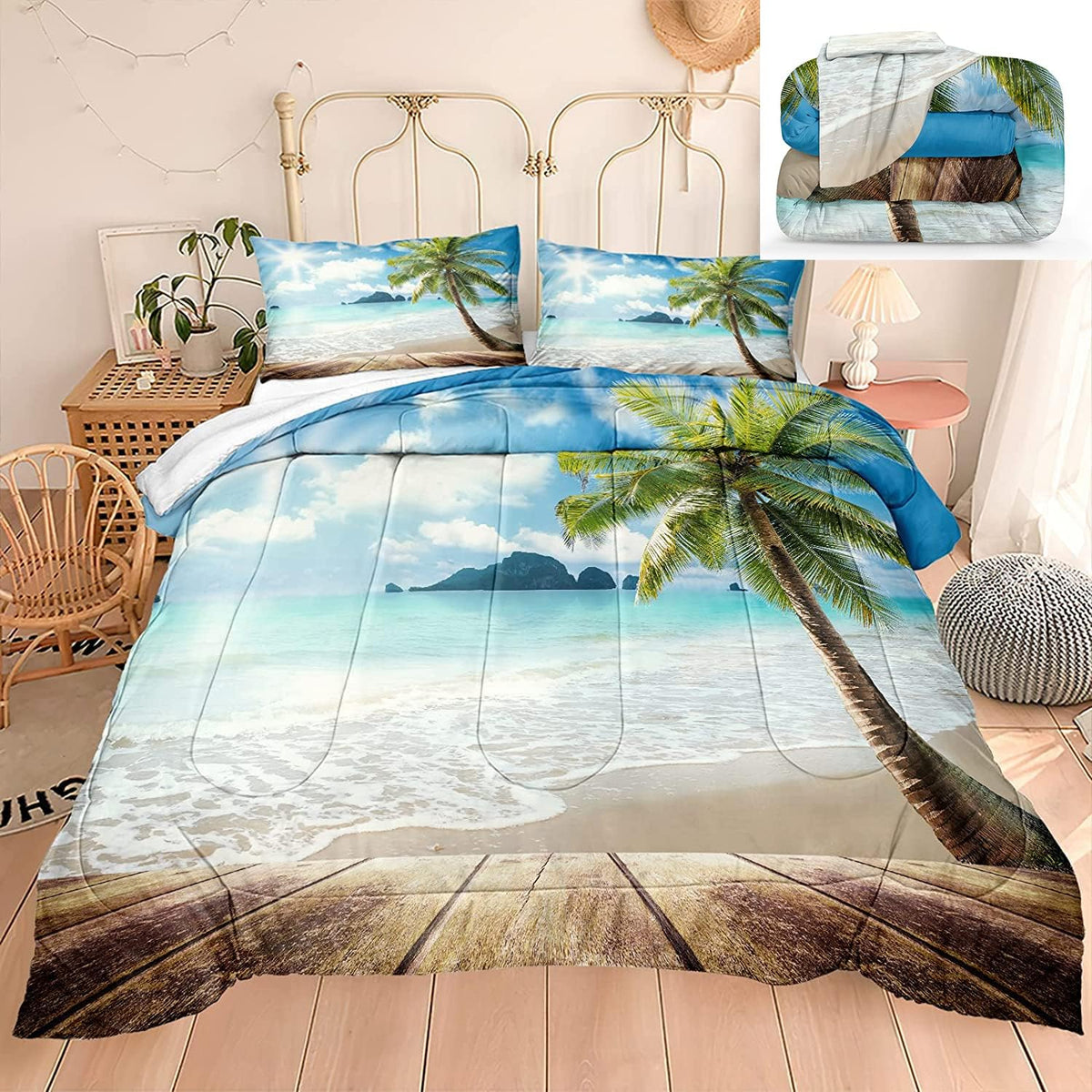 Bedbay Beach Comforter Set Queen Tropical Bedding Queen Sunny Beach Palm Tree Hawaii Style Ocean Bed Comforter Set 3 Pieces Turq