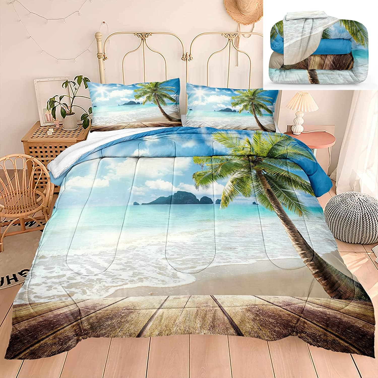 Bedbay Beach Comforter Set Queen Tropical Bedding Queen Sunny Beach Palm Tree Hawaii Style Ocean Bed Comforter Set 3 Pieces Turq