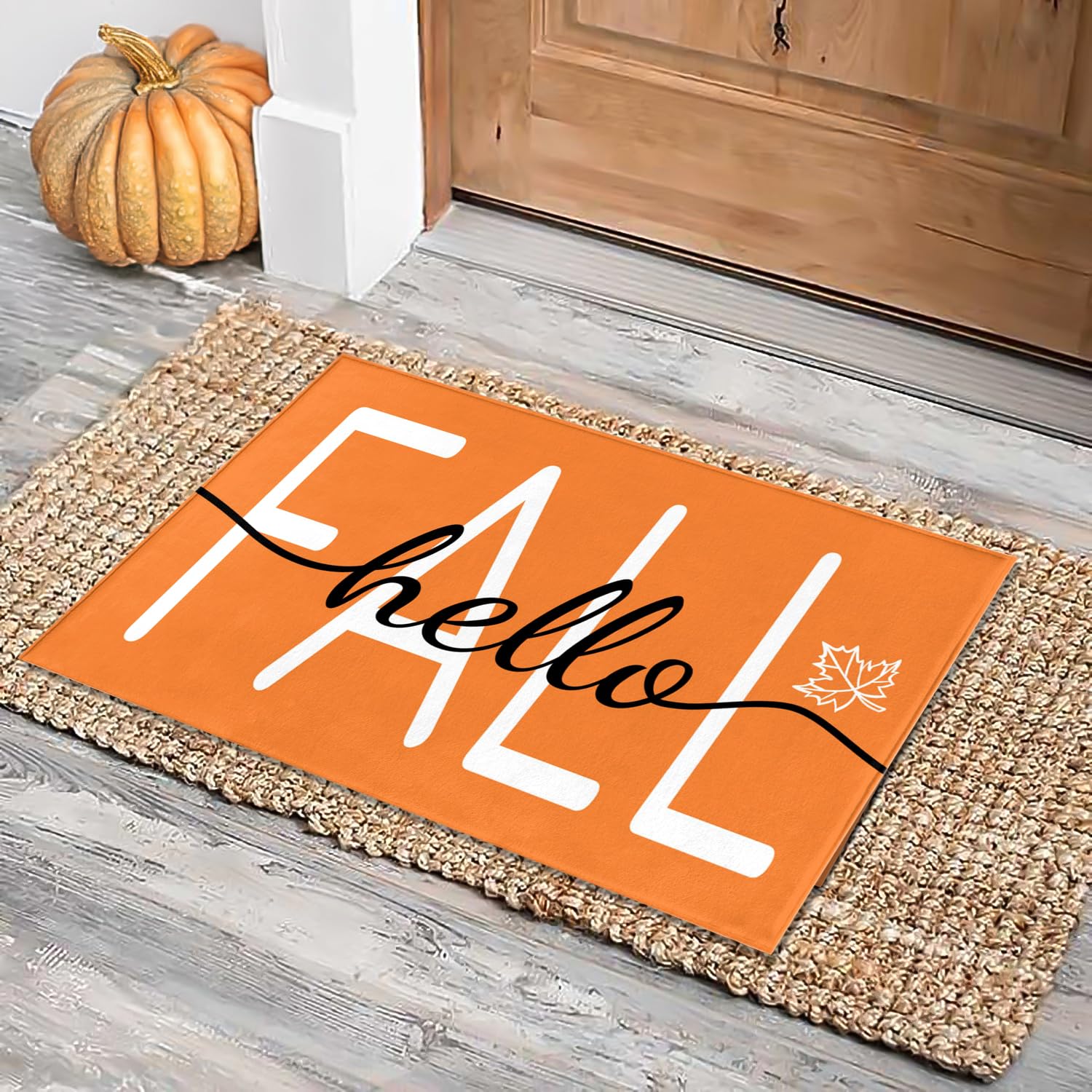 Hanxig Hello Fall Door Mat Autumn Doormat 17 X 29 Inch Maple Leaf Doormat Decorative Entrance Mat Non-Slip Rubber Backing Floor