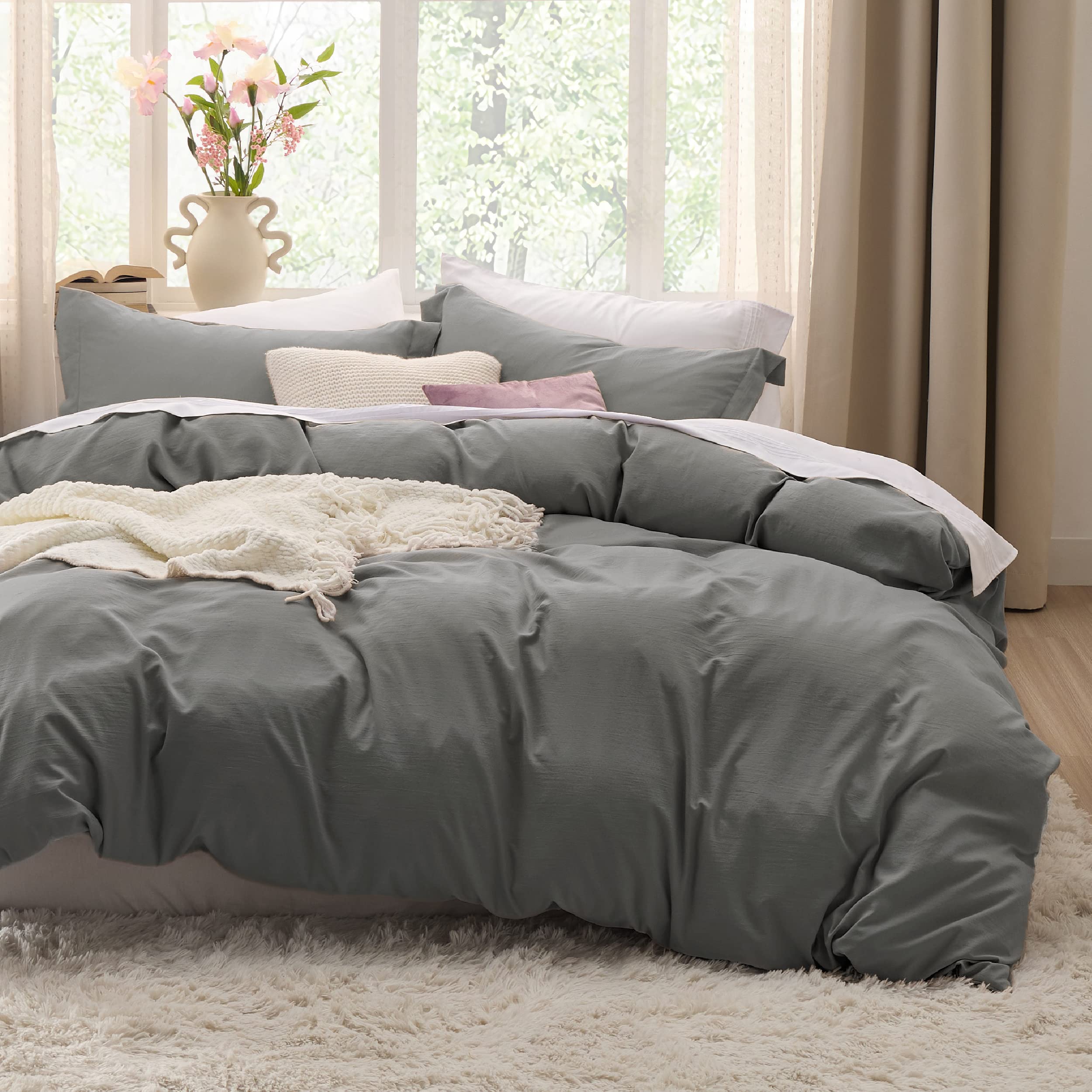 Bedsure Dark Grey Duvet Cover Queen Size - Soft Prewashed Queen Duvet Cover Set, 3 Pieces, 1 Duvet Cover 90X90 Inches With Zippe