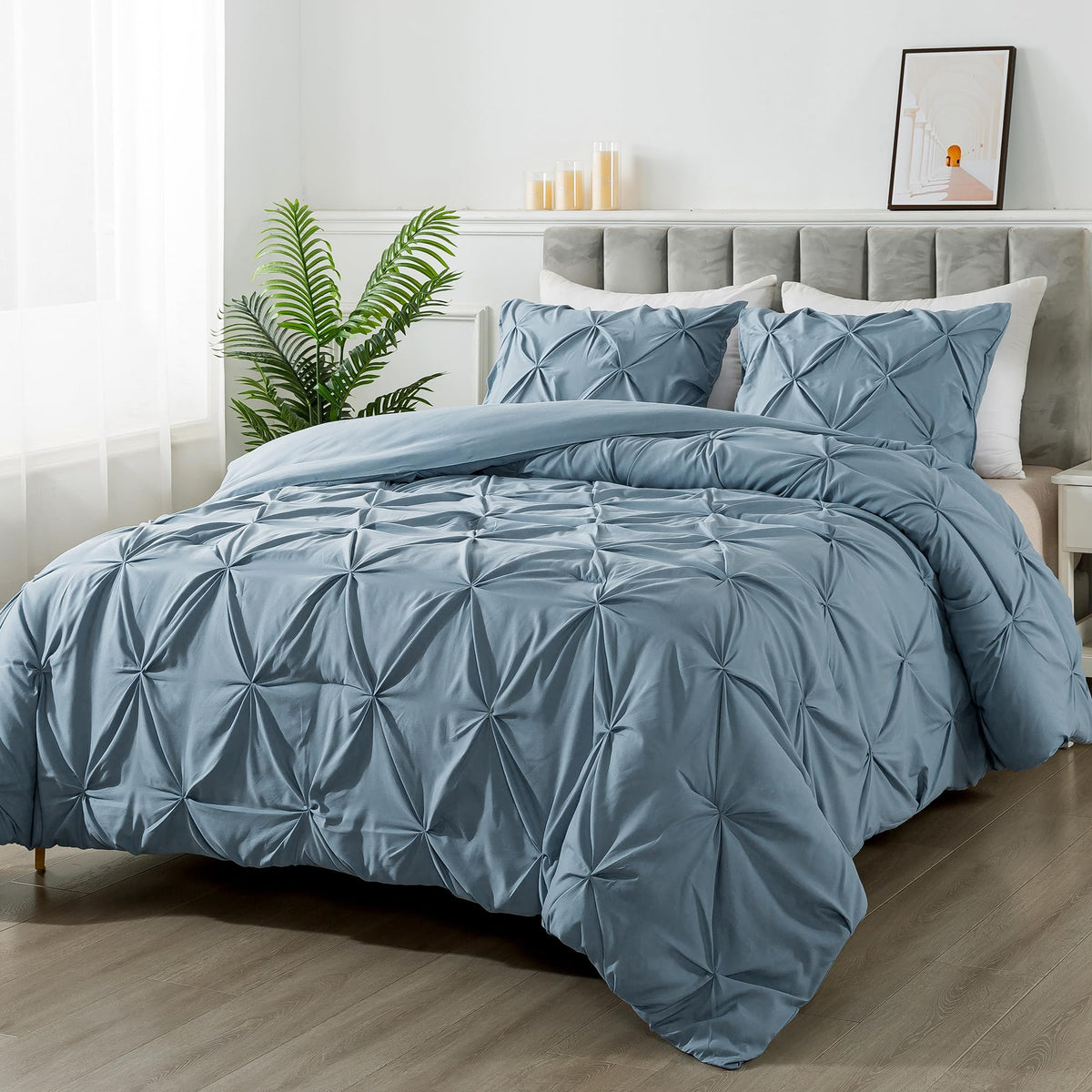 Andency Grayish Blue Comforter Set King, 3 Pieces Boho Pinch Pleat Bedding Comforter, All Season Soft Lightweight Modern Solid Bed Comforter Set