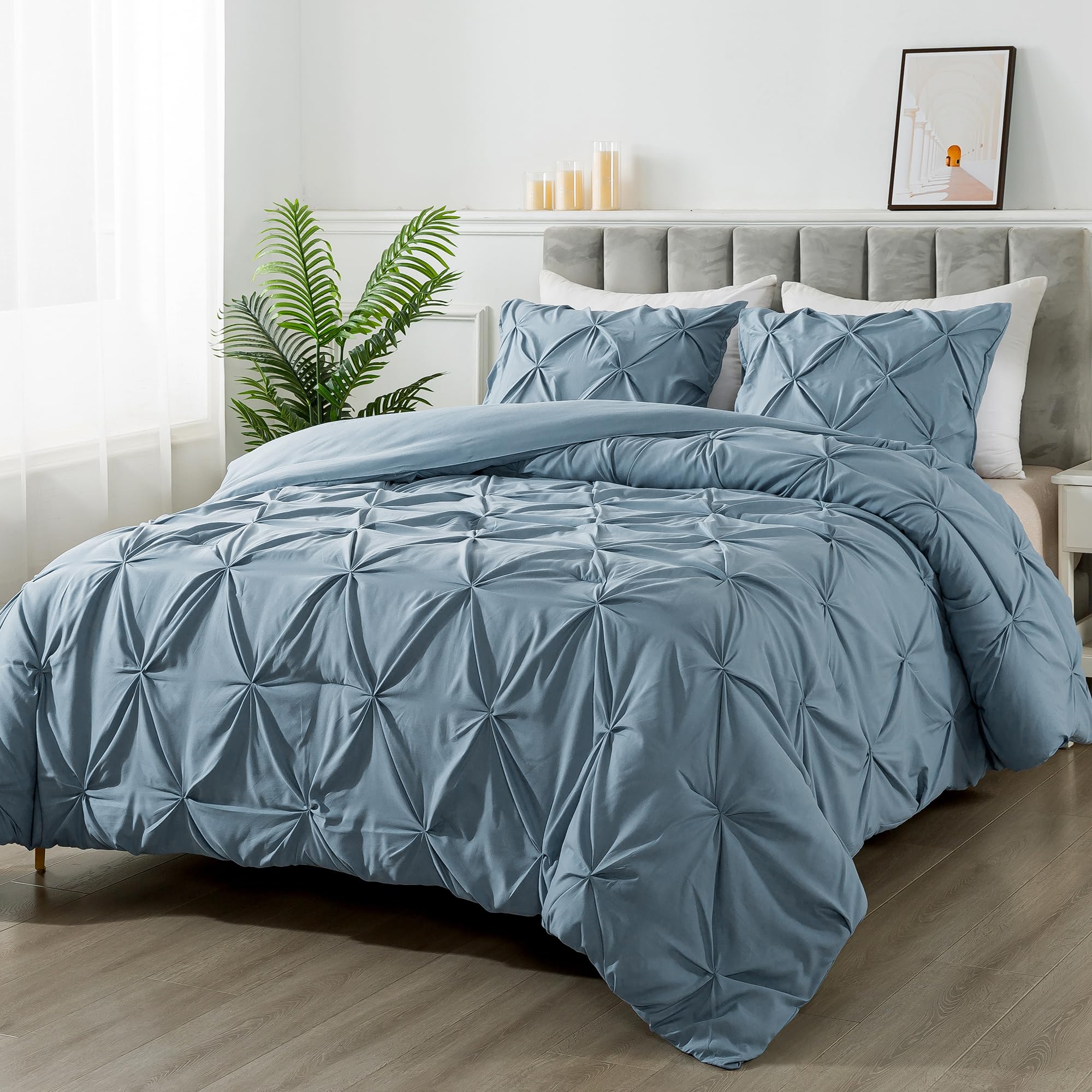 Andency Grayish Blue California King Pinch Pleat Comforter Sets(104X96Inch), 3 Pieces Cal King Pintuck Comforter, Oversized Boho Shabby Chic Bed Comforter, Lightweight Soft Microfiber Bedding Sets