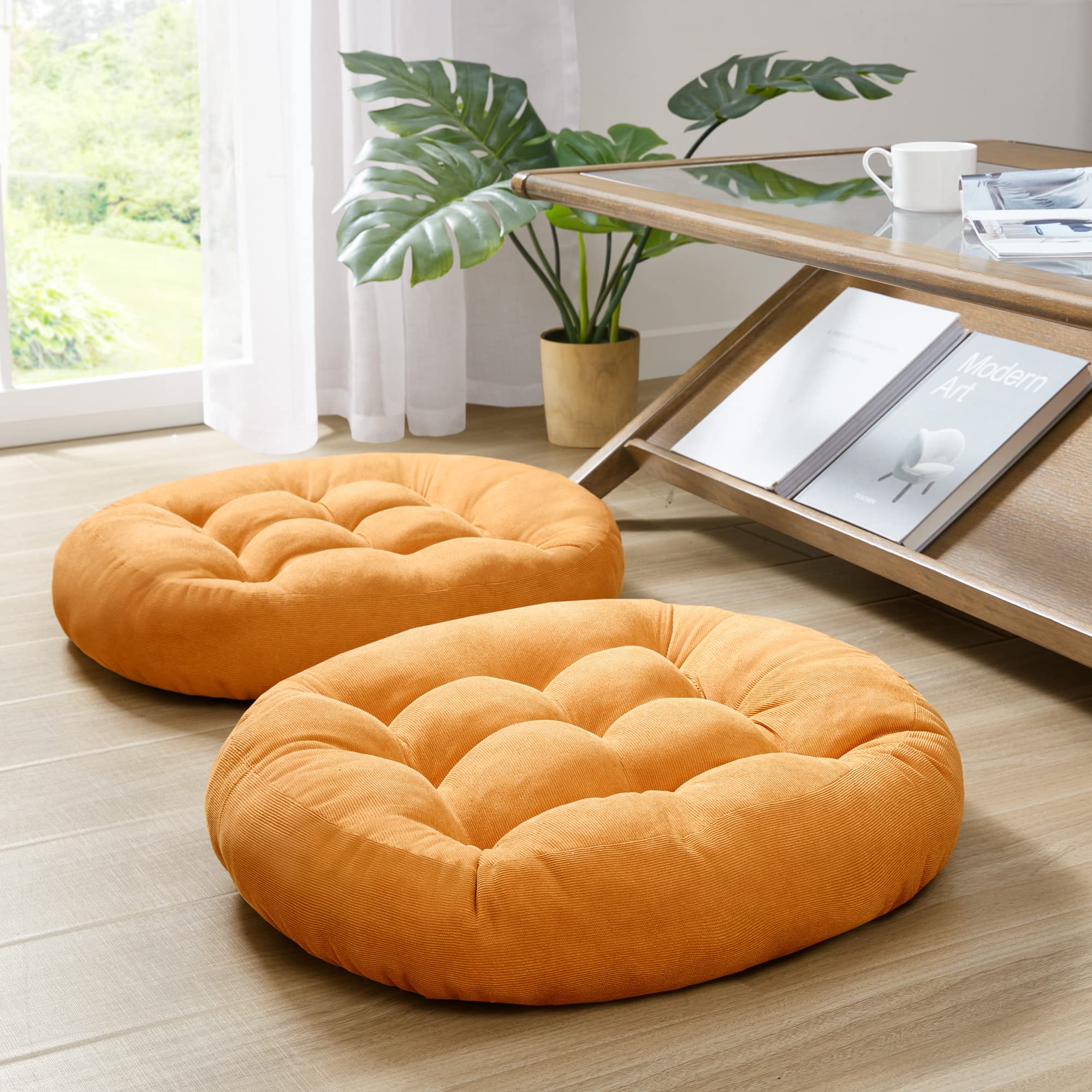 Floor Cushion Pillow Set Of 2, Round Large Pillows Seating For Adults, Tufted Corduroy Floor Cushions For Living Room Tatami, Or
