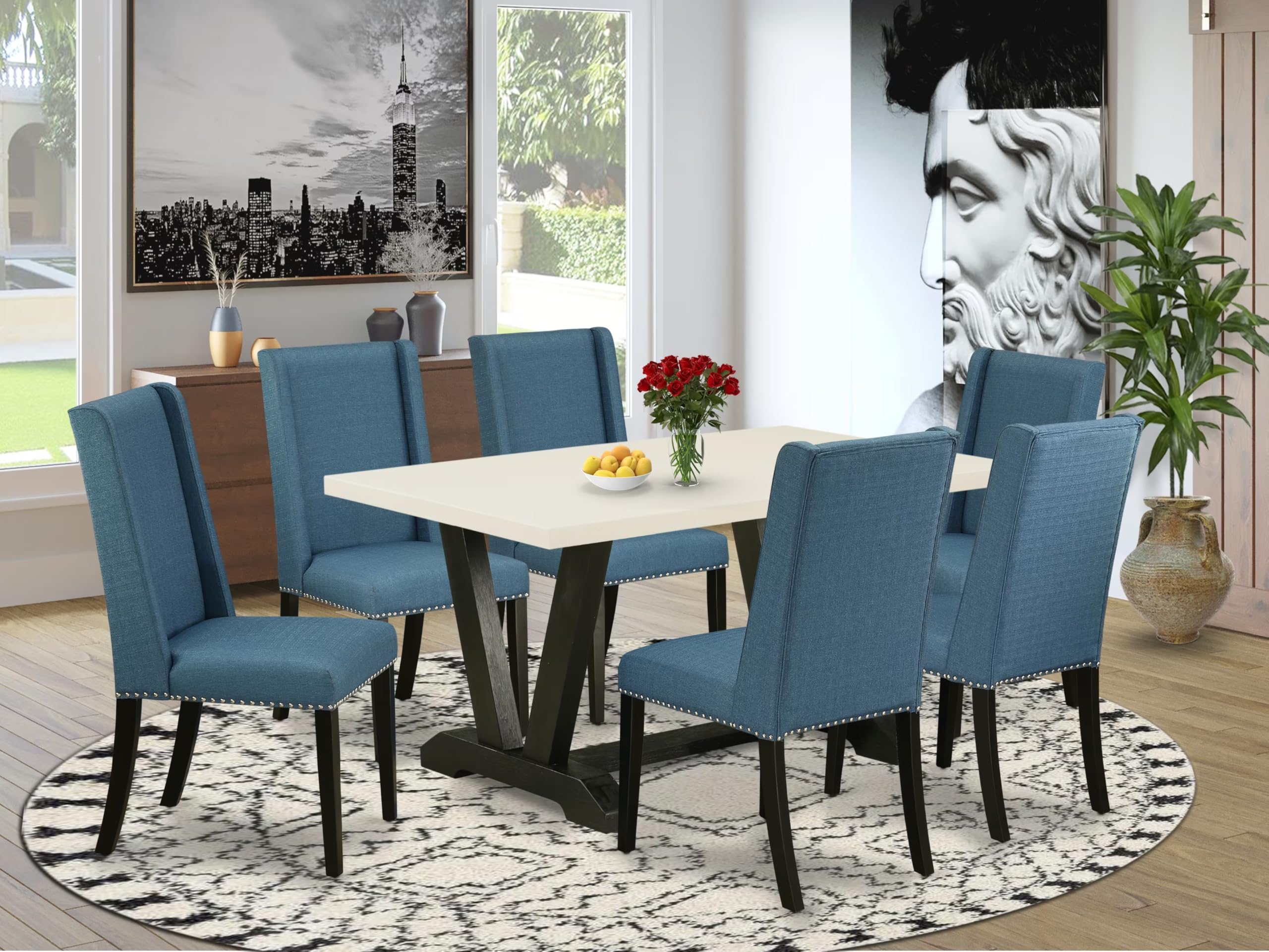 East West Furniture V626Fl121-7 7 Piece Dining Room Table Set Consist Of A Rectangle Kitchen Table With V-Legs And 6 Blue Linen Fabric Parsons Dining Chairs, 36X60 Inch, Multi-Color