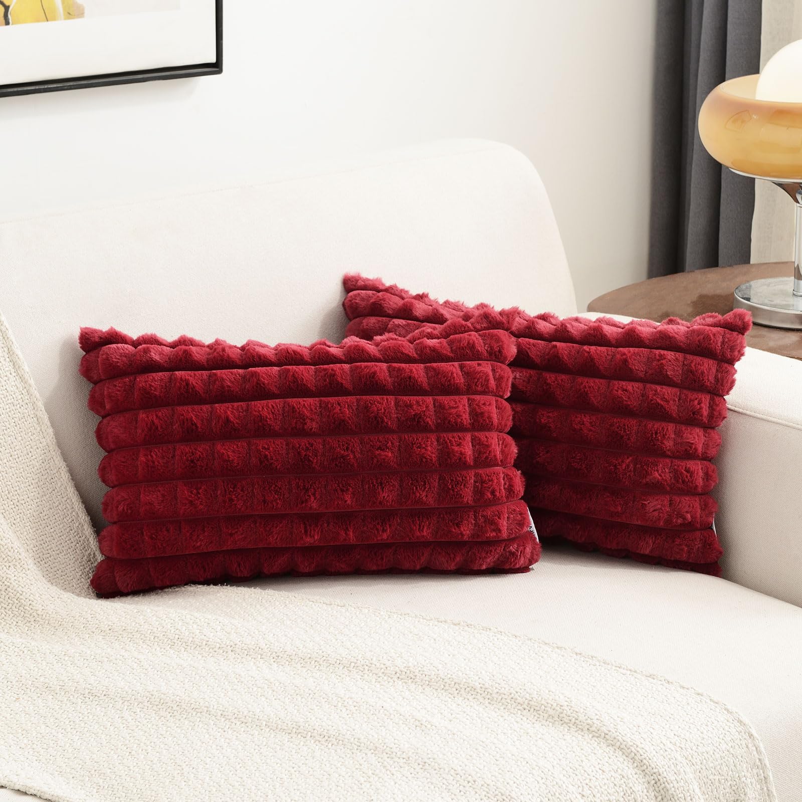 Futei Burgundy Decorative Throw Pillow Covers 26X26 Inch Set Of 2,Square Cushion Case,Soft Fluffy Faux Rabbit Fur Plaid/Cozy Vel