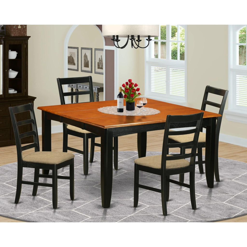 East West Furniture PARF5-BCH-C 5 Piece Modern Dining Table Set Includes a Square Wooden Table with Butterfly Leaf and 4 Linen Fabric Upholstered Dining Chairs, 54x54 Inch, Black & Cherry