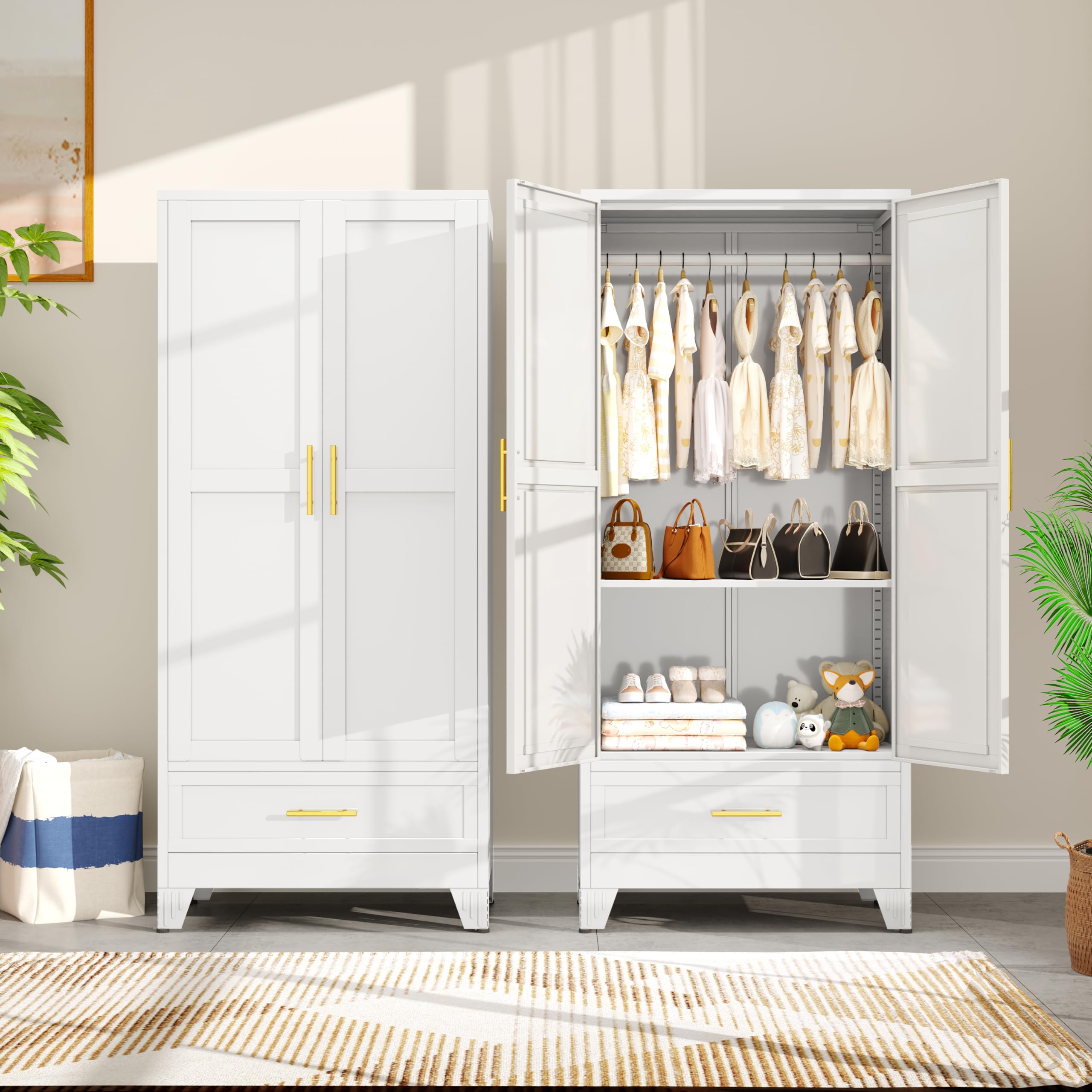 AUEYTVR Metal Armoire Wardrobe Closet with Drawers,Storage Cabinet with Hanging Rod,71   Metal Wardrobe Cabinet with 2 Doors a