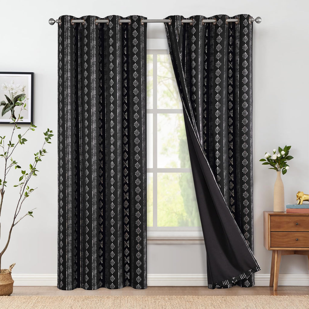 Jinchan 100% Blackout Boho Curtains 84 Inches Long For Bedroom Living Room Silver Geometric Foil Printed Grommet Top Room Darkening Thermal Insulated Window Drapes Black 52X84 2 Panels