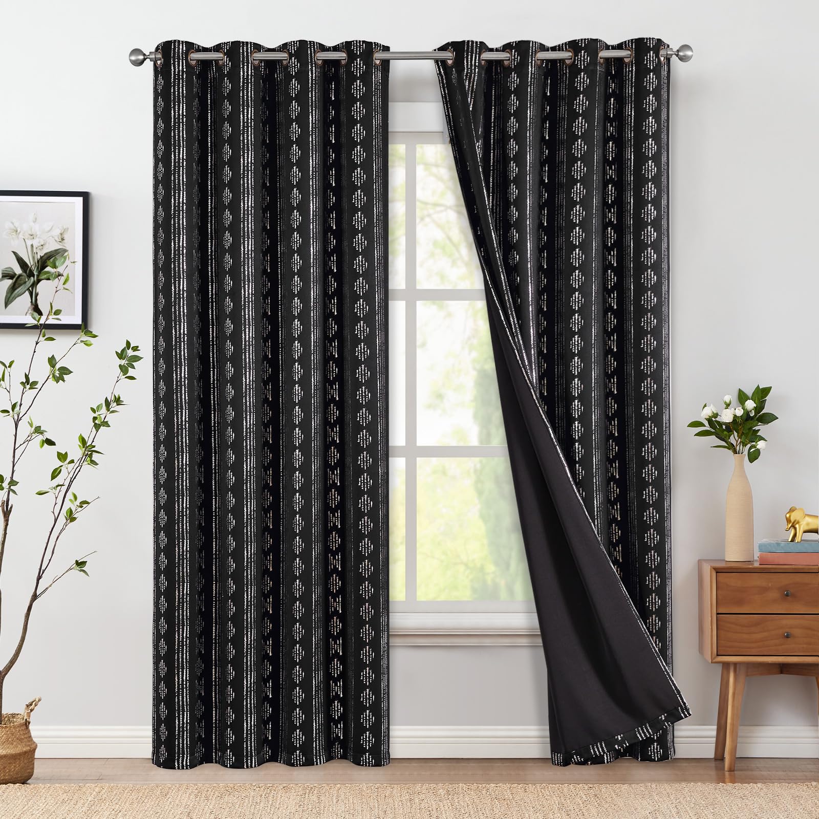 Jinchan 100% Blackout Boho Curtains 84 Inches Long For Bedroom Living Room Silver Geometric Foil Printed Grommet Top Room Darkening Thermal Insulated Window Drapes Black 52X84 2 Panels
