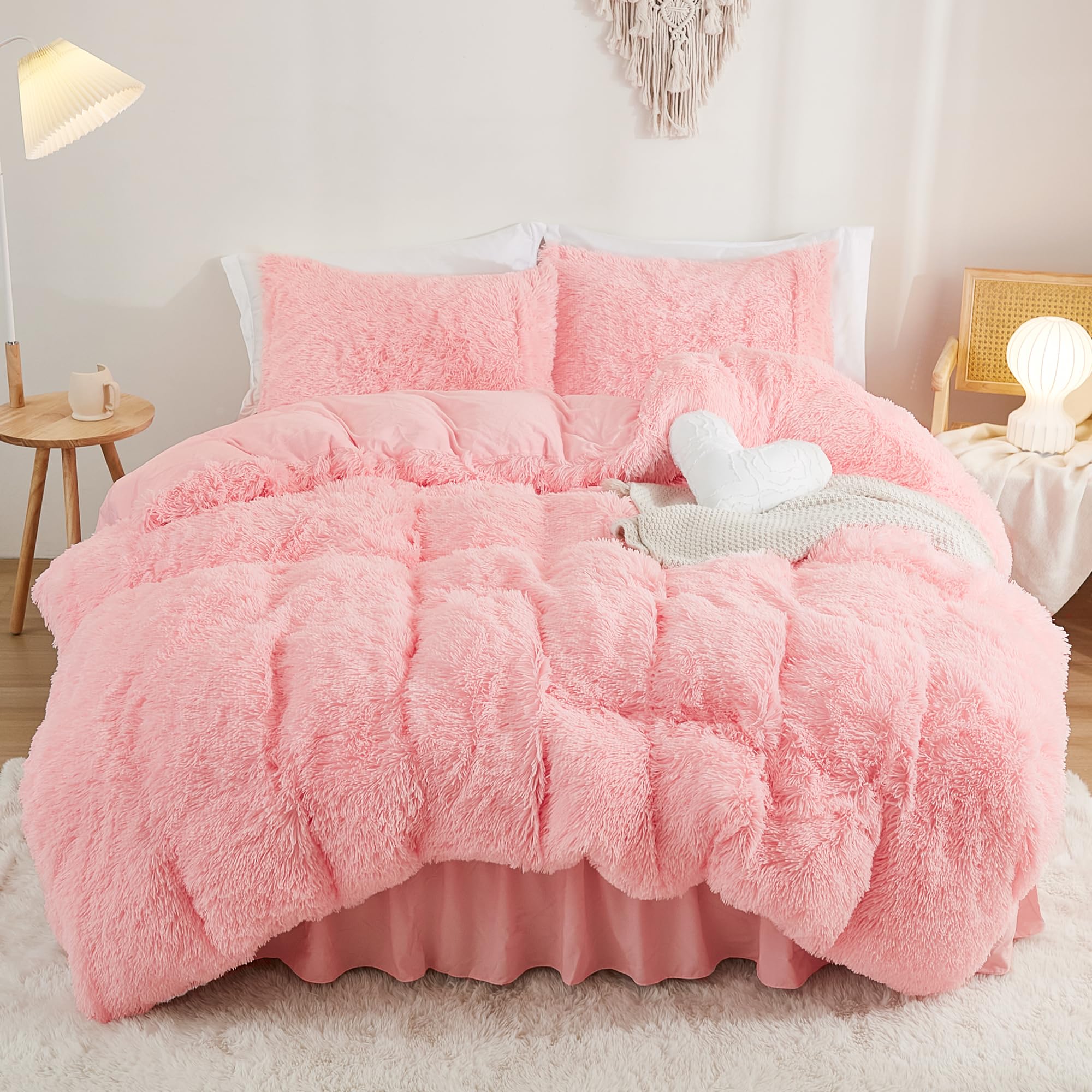 Annadaif Fluffy Duvet Cover Full Size, Pink Plush Shaggy Faux Fur Comforter Cover Velvet Bedding Set With Zipper Closure(1 Duvet