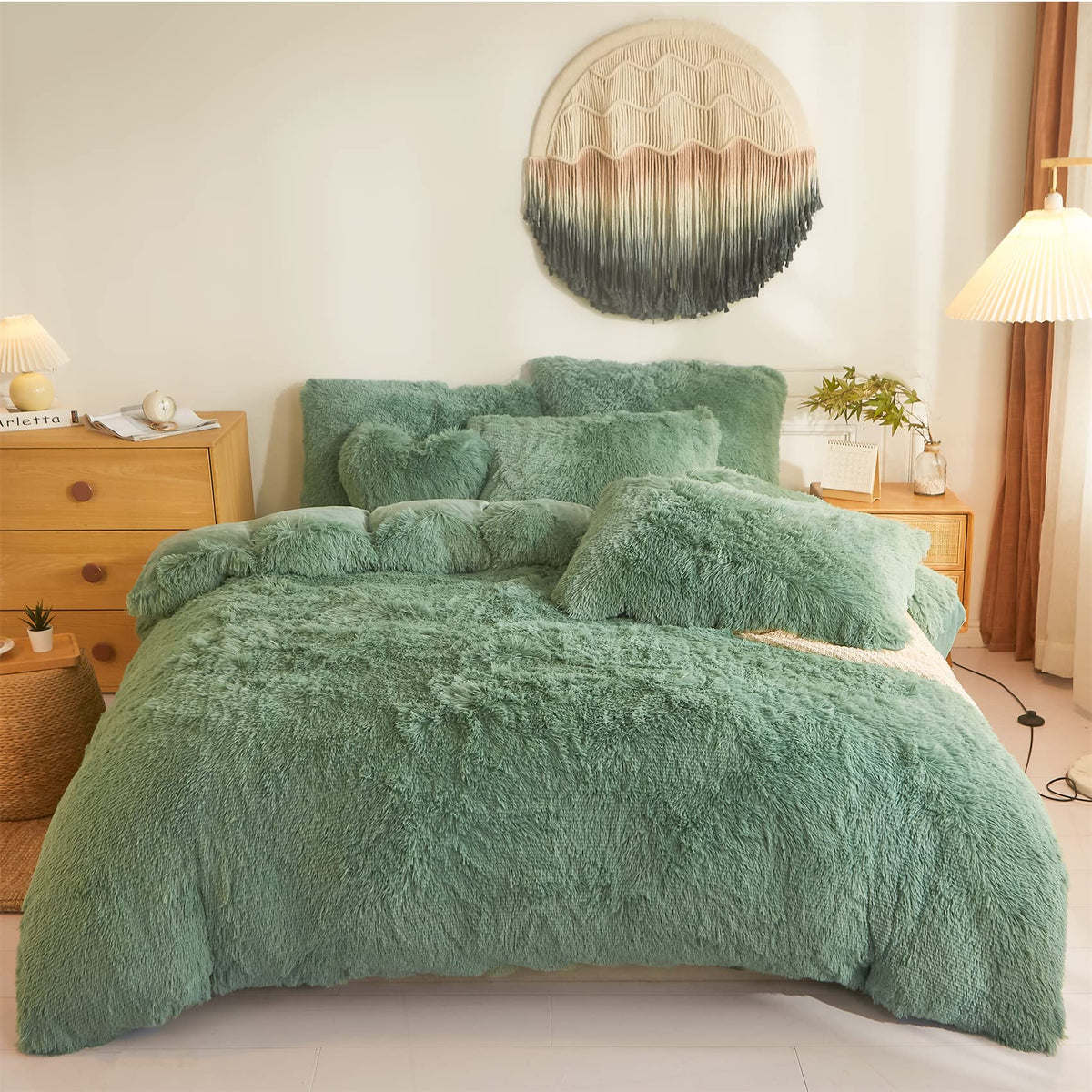 Green Fluffy Comforter Cover Set,Ultra Soft Plush Duvet Cover Bedding Sets Queen 3 Pieces With Pillow Cases, Fuzzy Green Bed Set