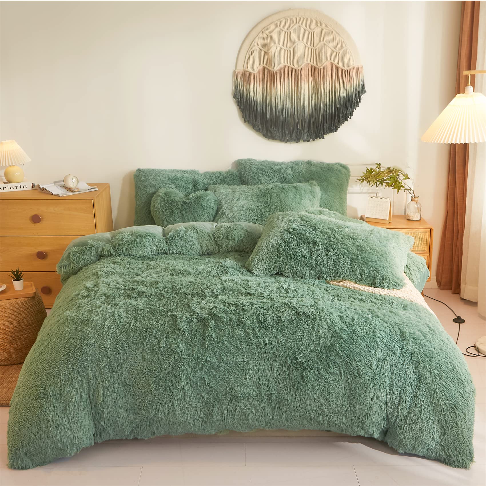 Green Fluffy Comforter Cover Set,Ultra Soft Plush Duvet Cover Bedding Sets Queen 3 Pieces With Pillow Cases, Fuzzy Green Bed Set