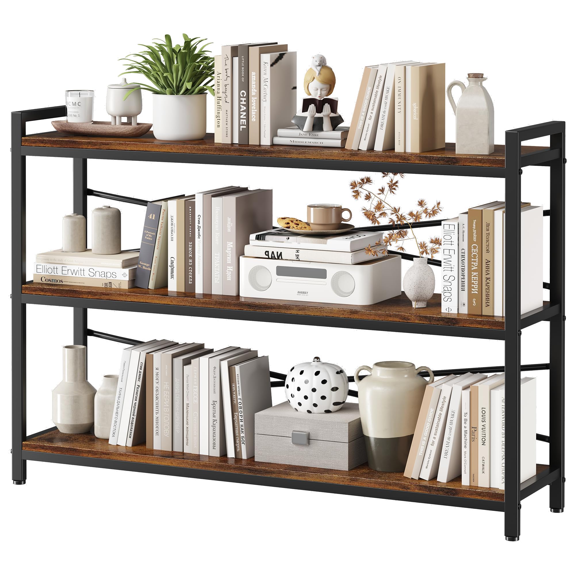 3 Tier Bookshelf 47.24'' Width, Wood And Metal Etagere Bookcase, Vintage Farmhouse Modern Wooden Large Book Shelf For Home Livin