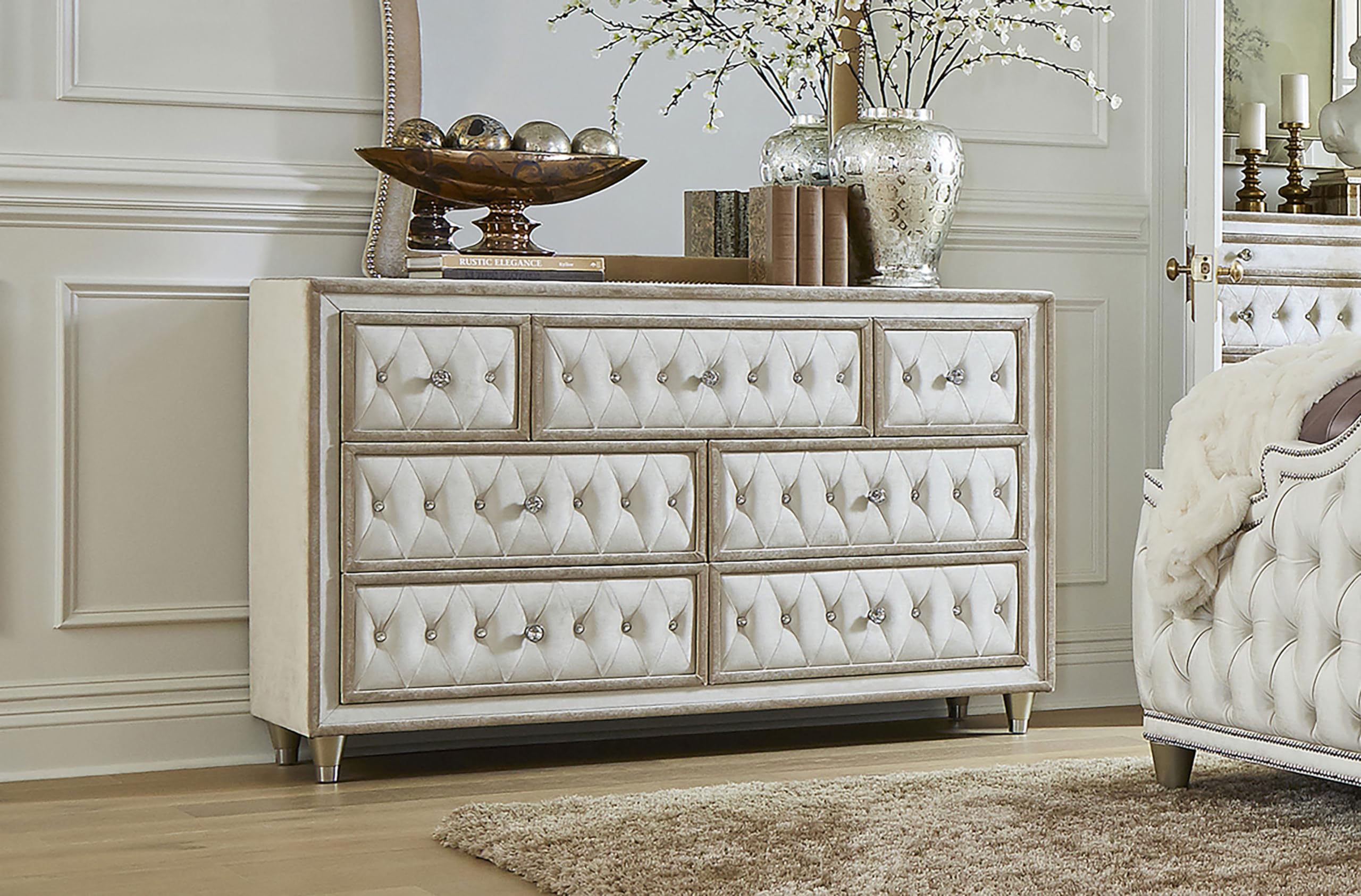 Coaster Home Furnishings Antonella Modern Classic 61-inch 7-Drawer Bedroom Dresser Clothing Storage Cabinet Wide Chest of Drawers Organizer Unit Ivory and Camel 223523