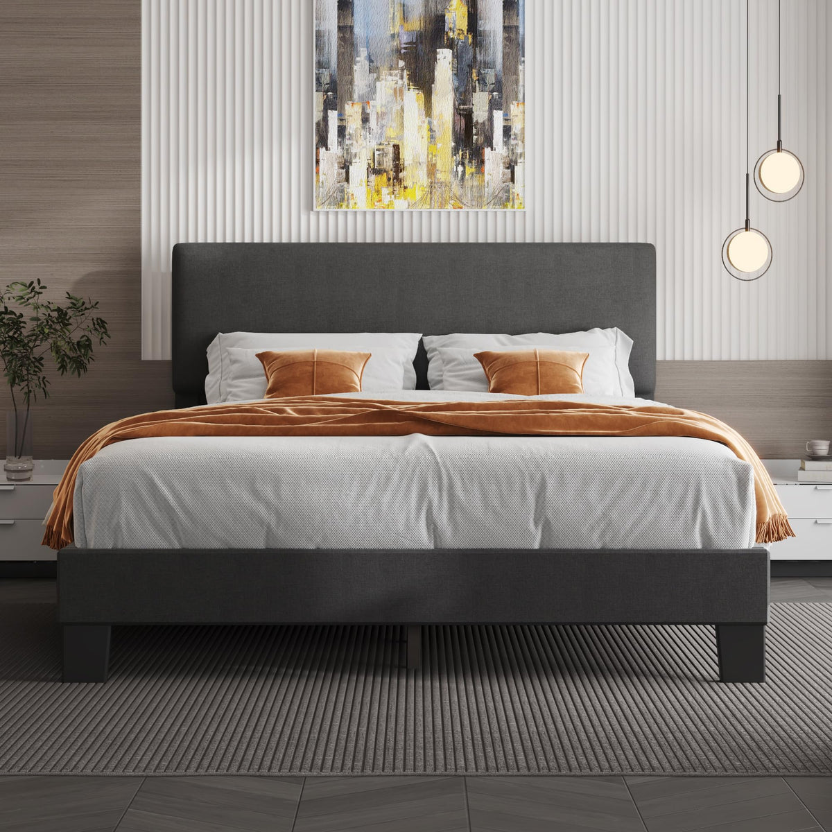 Lifezone Queen Bed Frame With Headboard,Linen Upholstered Bed Frame With Wood Slats Support,No Box Spring Needed,Heavy Duty Feet