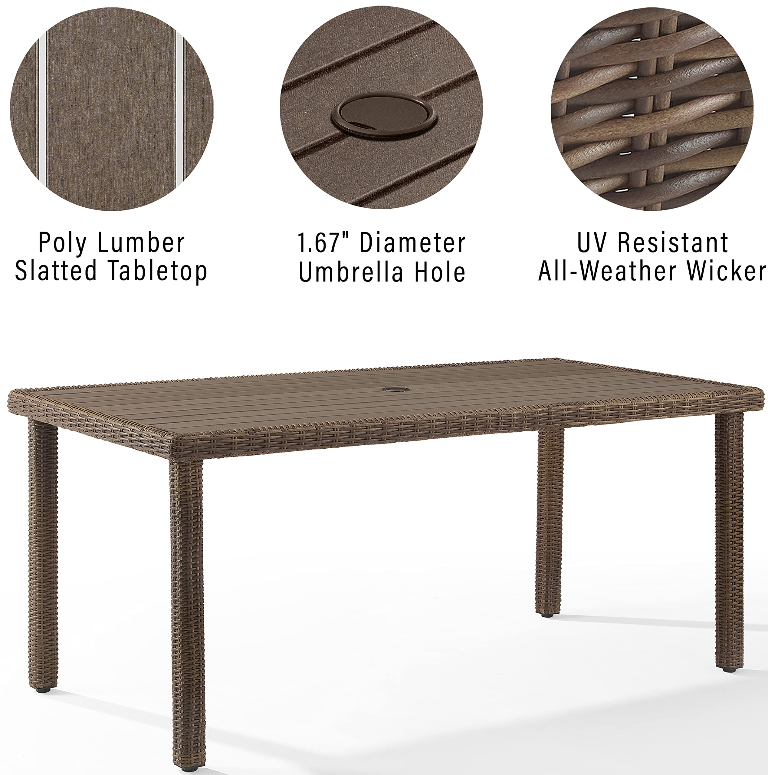 Crosley Furniture Bradenton Wicker 6-Person Outdoor Dining Table With Umbrella Hole For Outside Patio, Weathered Brown