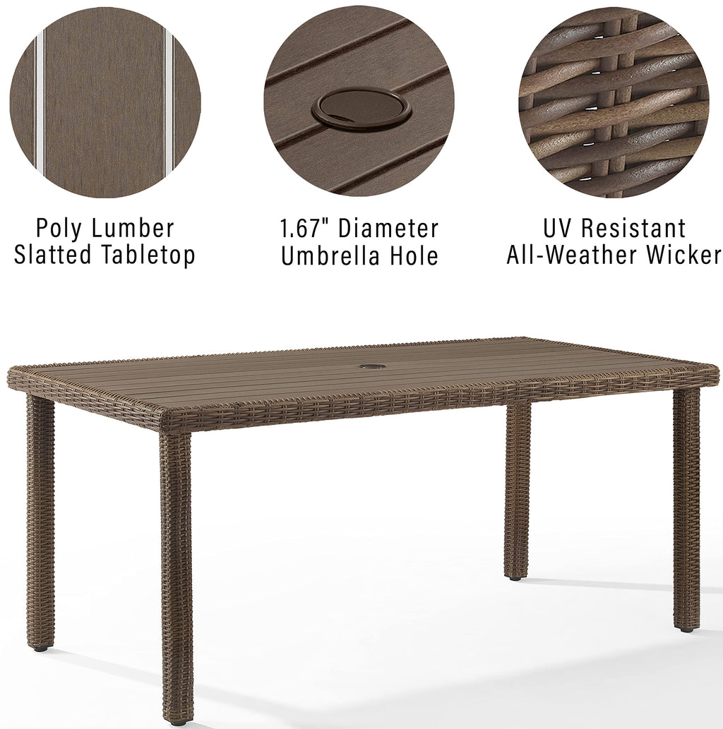 Crosley Furniture Bradenton Wicker 6-Person Outdoor Dining Table With Umbrella Hole For Outside Patio, Weathered Brown