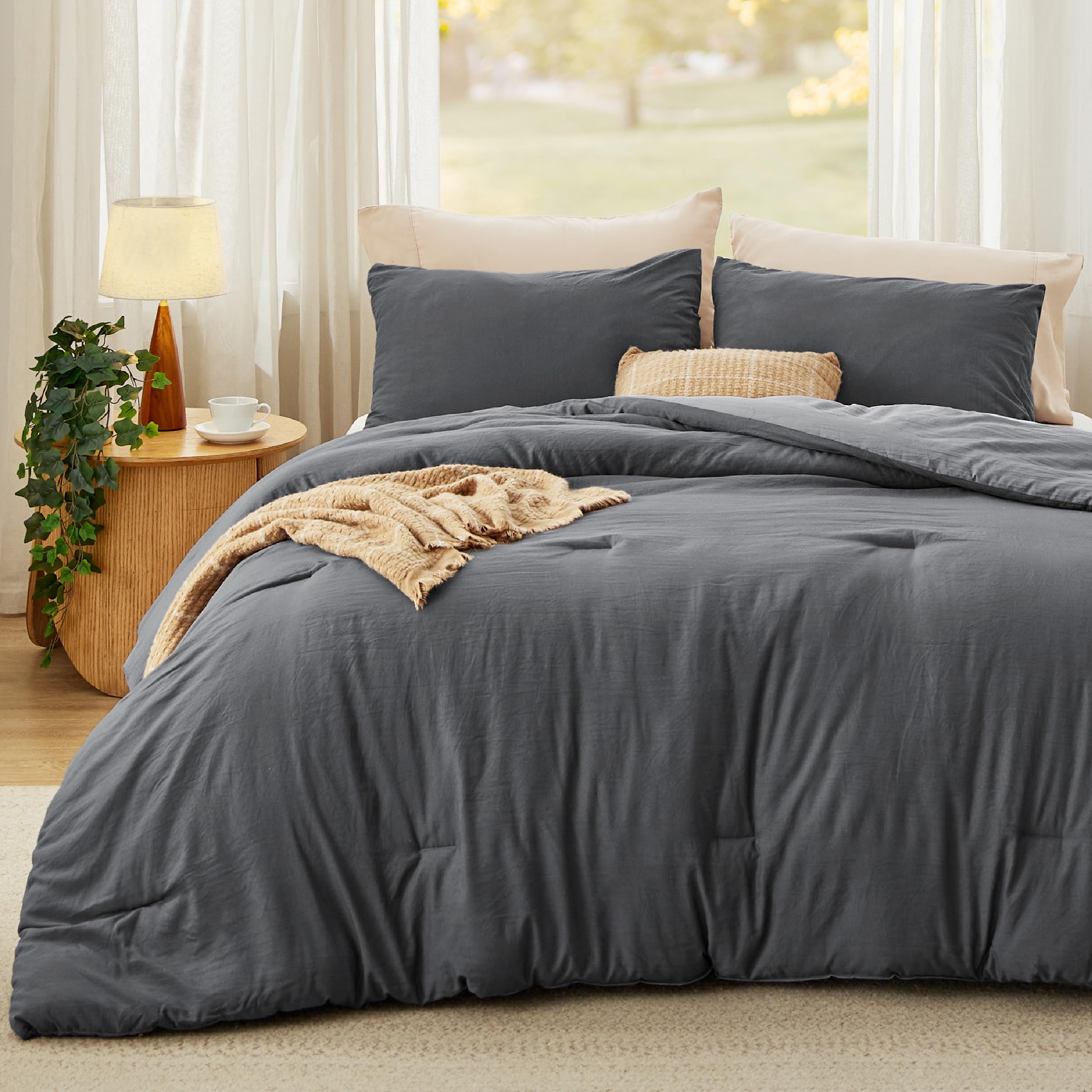 Bedsure Queen Size Comforter Set, Reversible Grey Soft Prewashed Bedding For All Seasons, 3 Pieces Warm Down Alternative Bed Set, 1 Lightweight Comforter (90'X90') And 2 Pillowcases (20'X26')