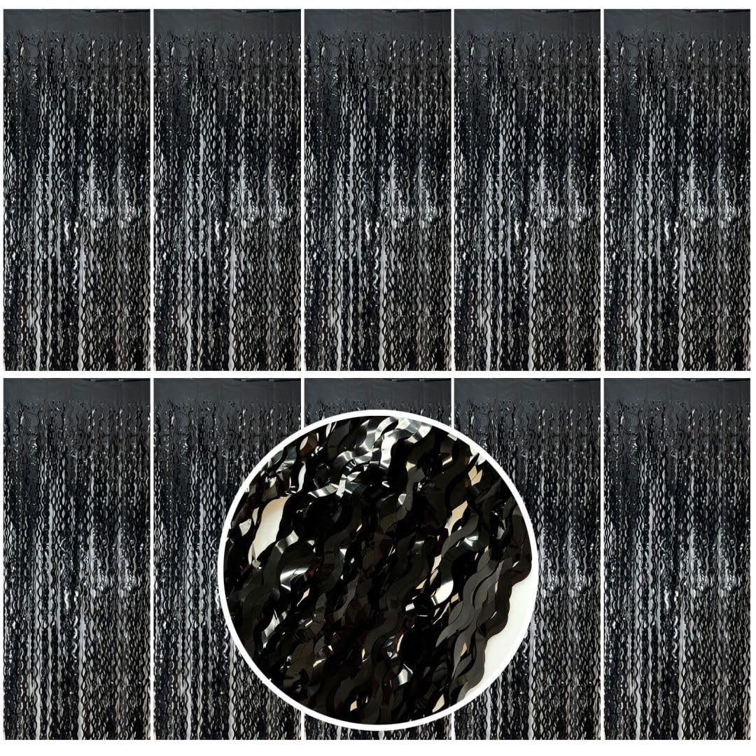 Backdrop for Party Decorations, Wave Foil Fringe Curtain Tinsel Photo Backdrop Black Tinsel Curtain Party Backdrop Streamers for