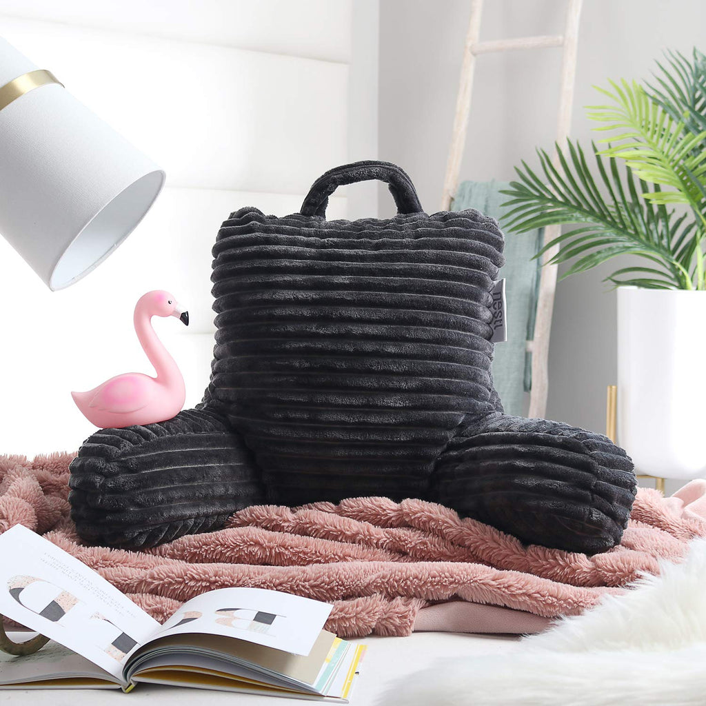 Nestl Cut Plush Striped Reading Pillow For Kids & Teens, Small Back Pillow, Back Support Pillow, Shredded Memory Foam Bed Rest Pillow With Arms, Dark Gray