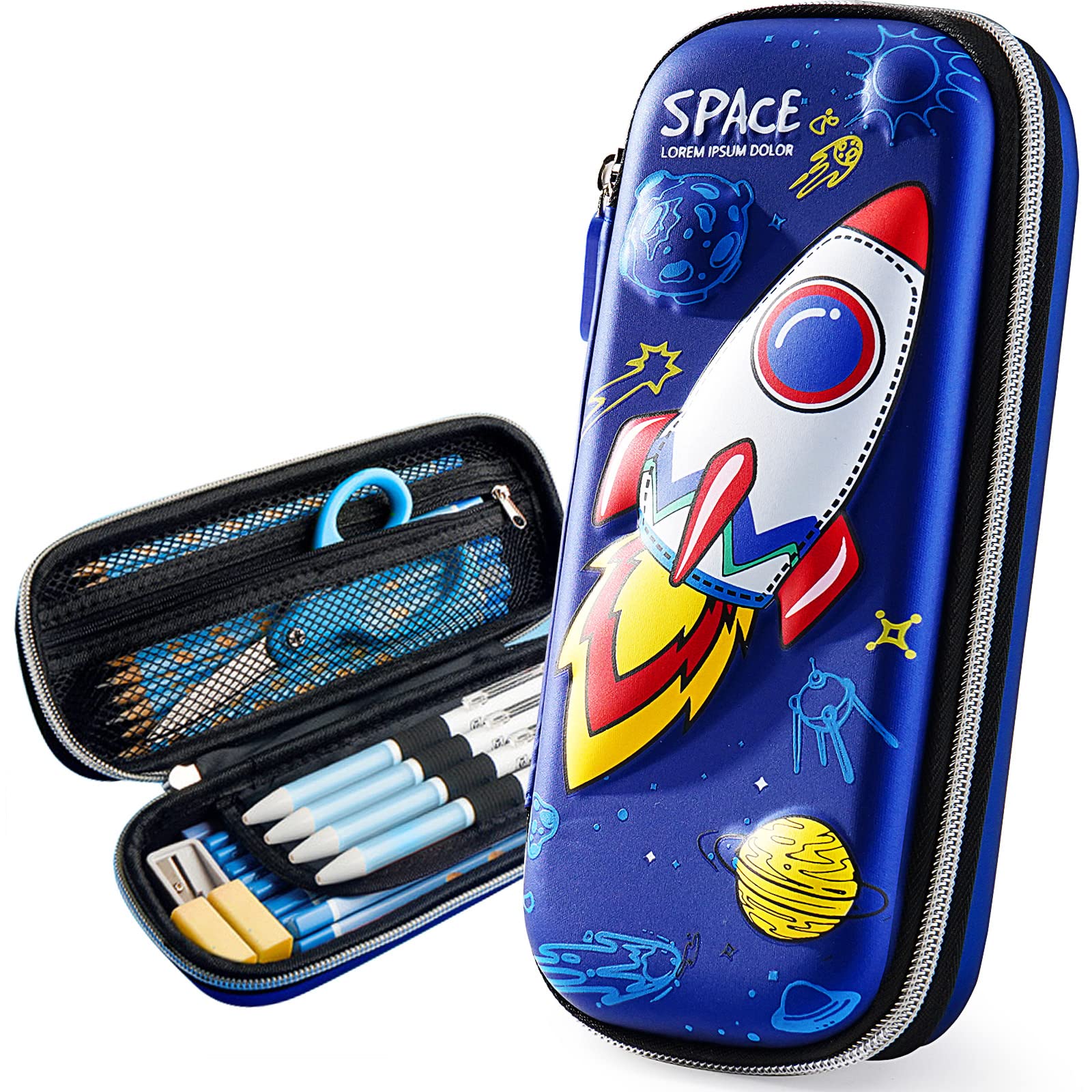 Xinveen Pencil Case For Boys 3D Cartoon Storage Pouch Pen Holder For School Kids Children'S Student Stationery Box Rocket Blue