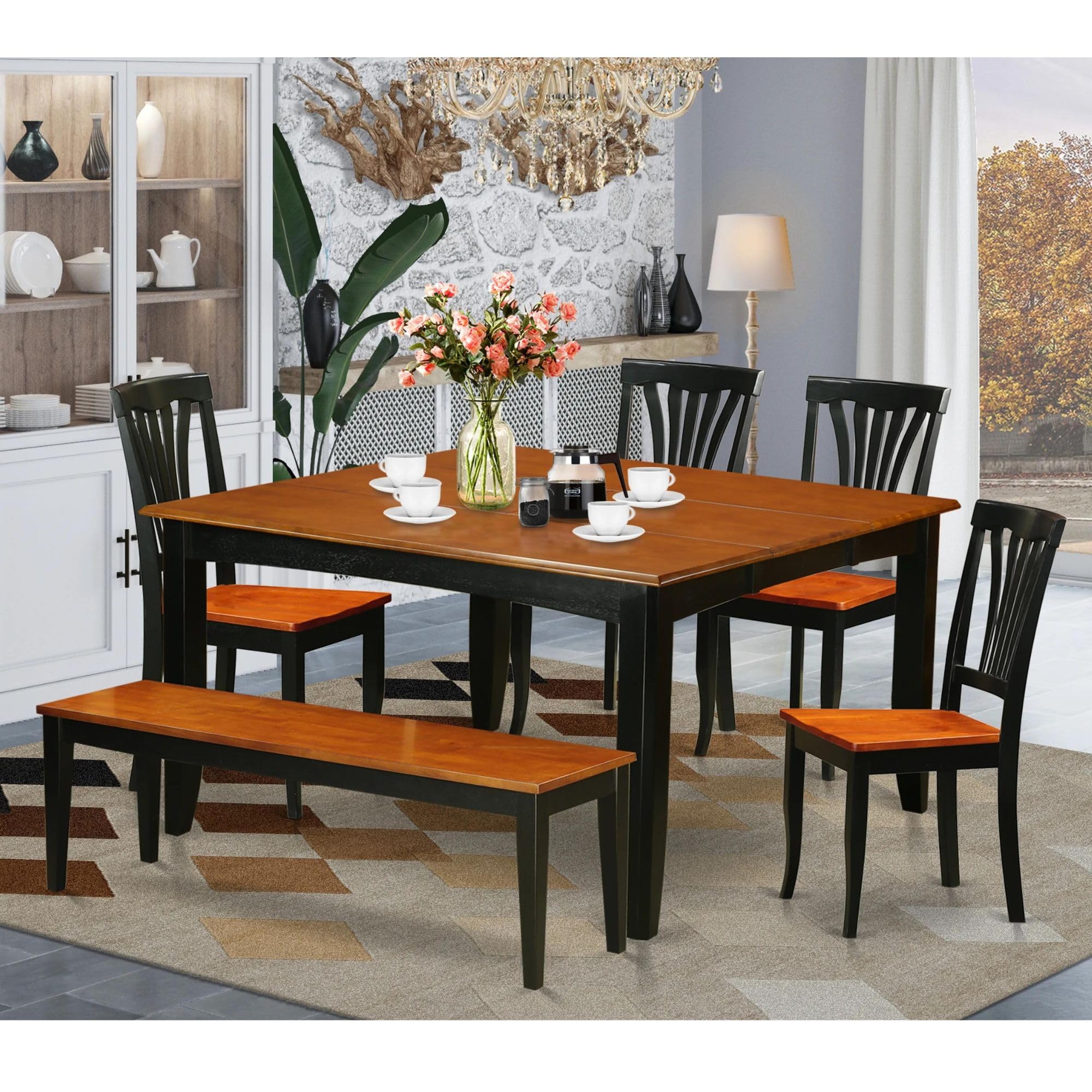 East West Furniture PFAV6-BCH-W 6 Piece Dining Set Contains a Square Dining Table with Butterfly Leaf and 4 Kitchen Chairs with a Bench, 54x54 Inch, Black & Cherry