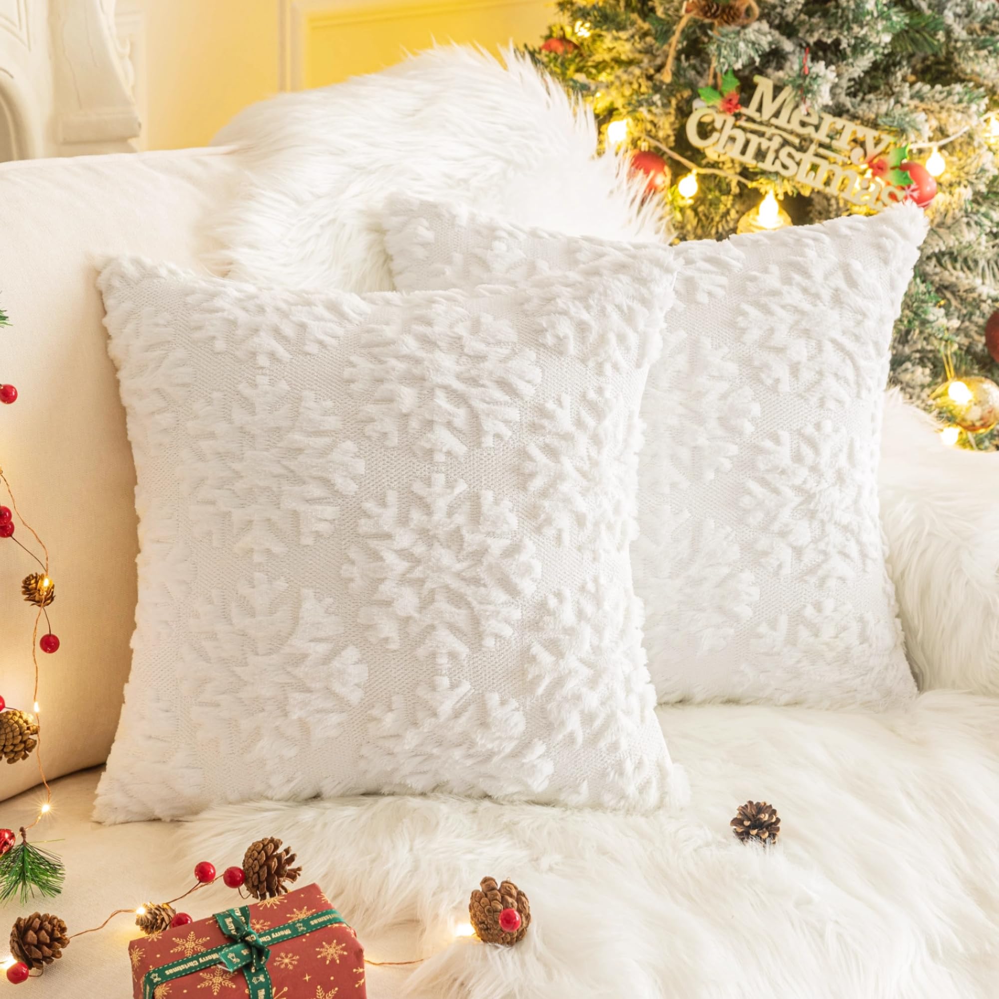 Aqothes Set Of 2 Christmas Snowflake Throw Pillow Covers 18X18 Inch, Soft Faux Fur White Decorative Xmas Throw Pillows For Couch