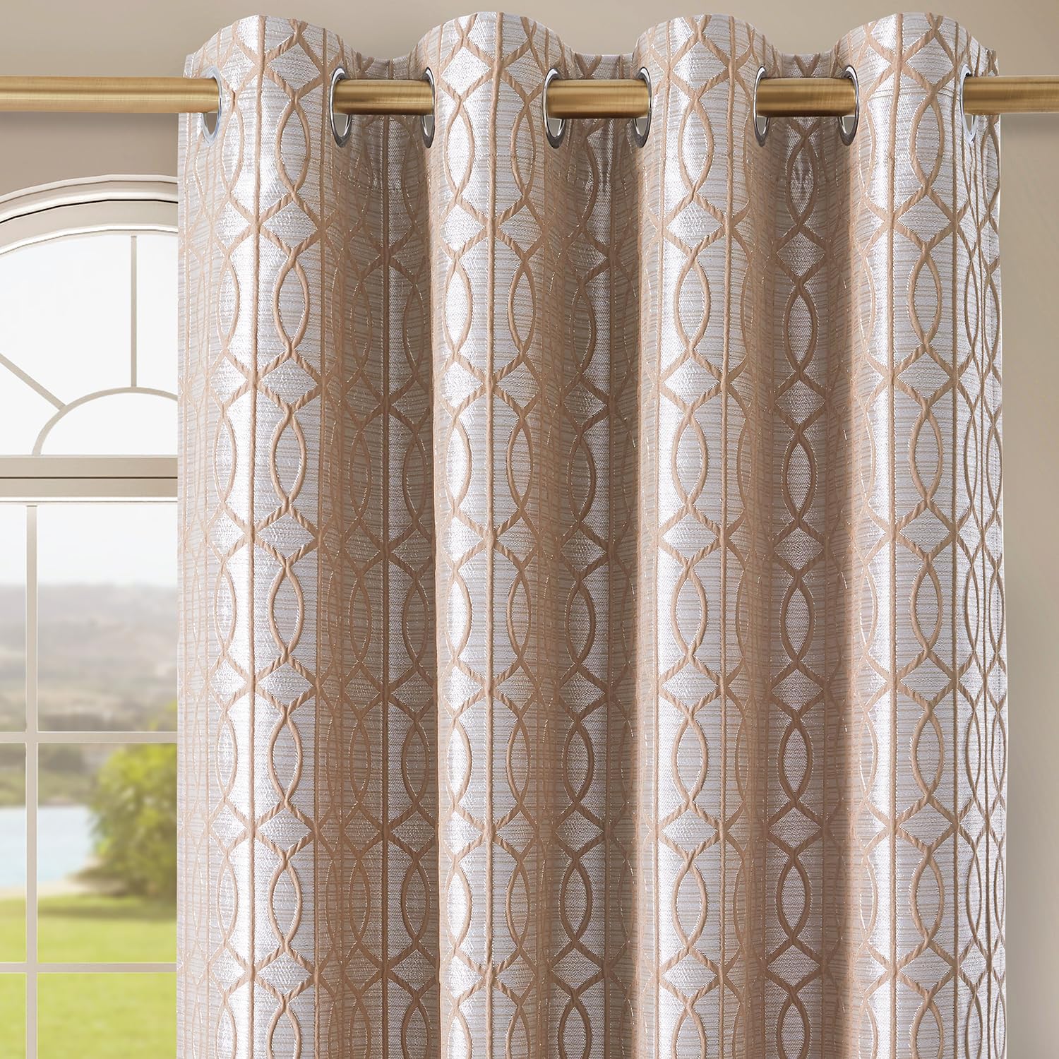 Light Khaki And Silvery 100% Blackout Curtains 108 Inch Length 2 Panels, Jacquard Thermal Insulated Noise Reducing Grommet Drape