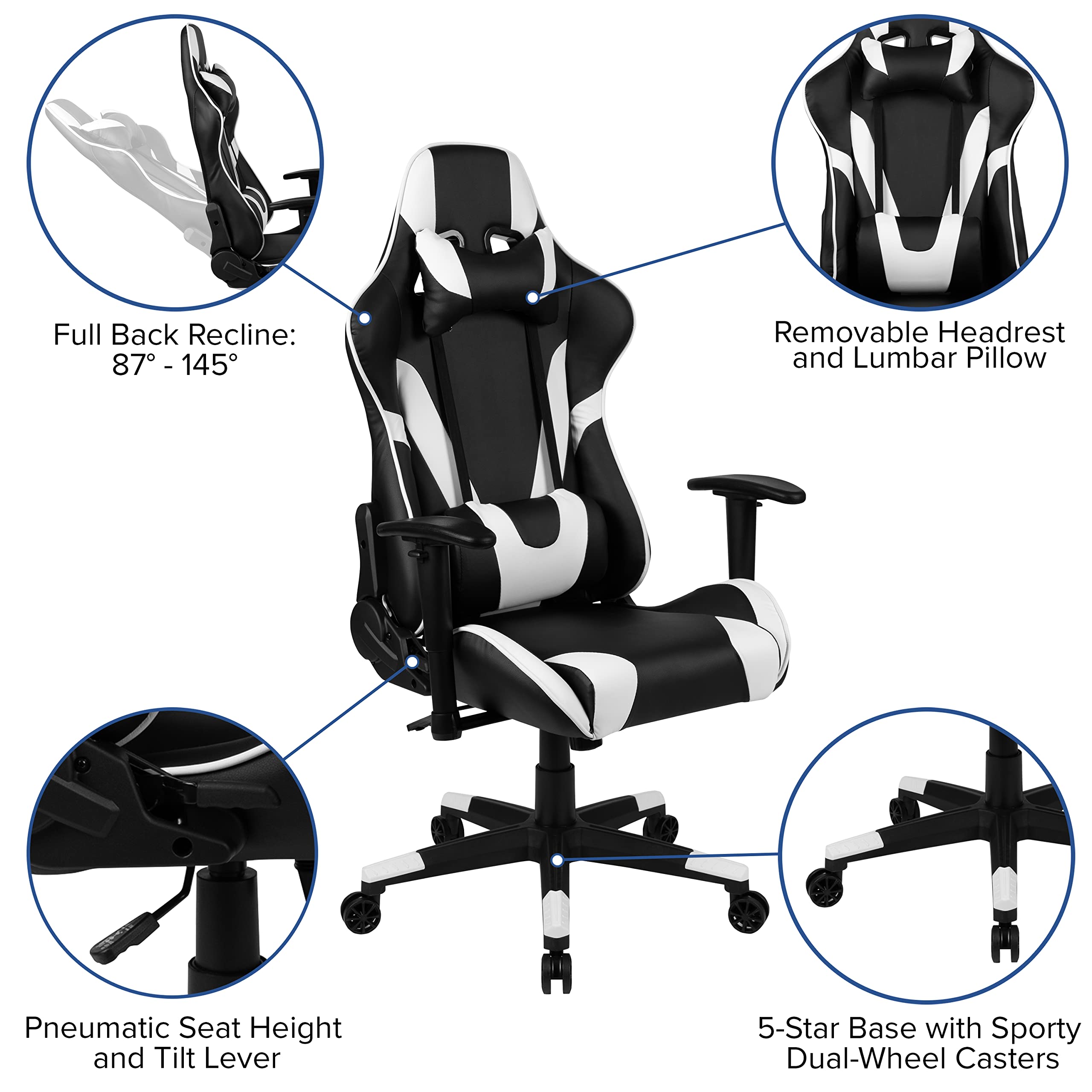 Flash Furniture X20 Fully Reclining Leathersoft Racing Style Gaming Chair With Headrest, Lumbar Pillows, Ergonomic Swivel Computer Chair, Black/White