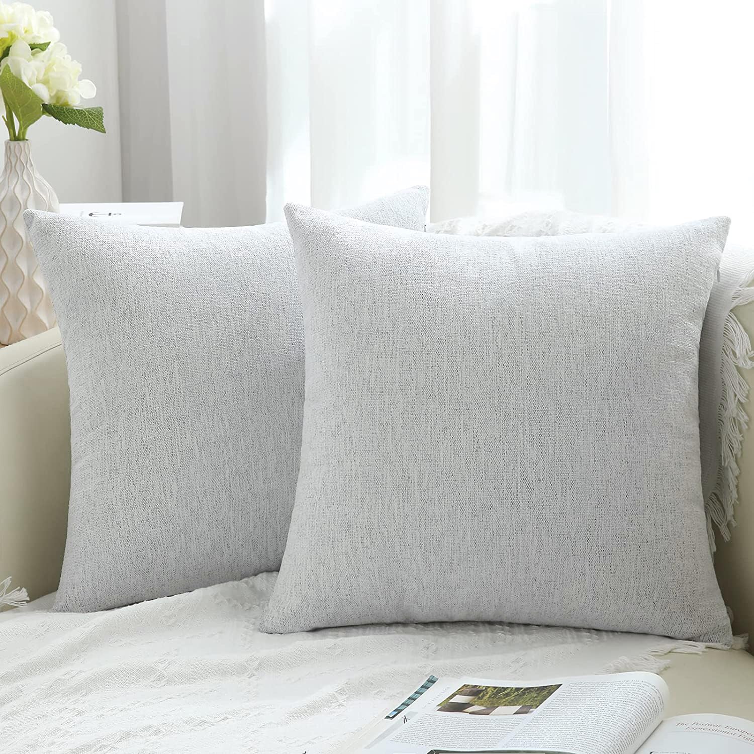 Decoruhome Decorative Throw Pillow Covers 26X26 Set Of 2, Farmhouse Chenille Pillow Covers, Square Soft Pillow Covers For Couch Sofa Bed, Grey White