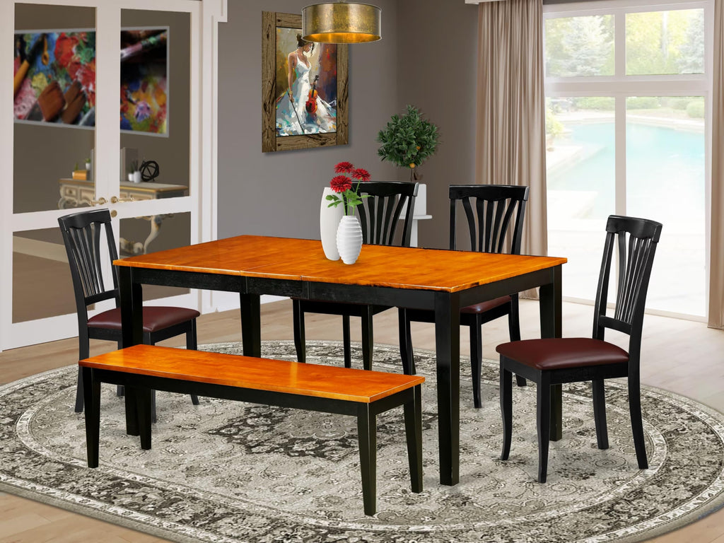 East West Furniture NIAV6-BCH-LC 6 Piece Dining Table Set Contains a Rectangle Dining Room Table with Butterfly Leaf and 4 Faux Leather Upholstered Chairs with a Bench, 36x66 Inch, Black & Cherry