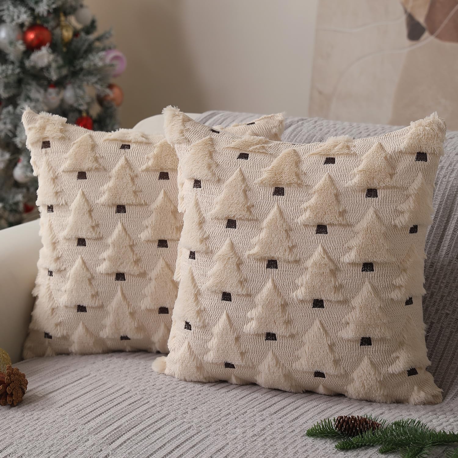 Allorry Christmas Pillow Covers 20X20 Inch Set Of 2 Beige Christmas Tree Throw Pillow Cases Decorations Soft Plush Faux Fur Wool