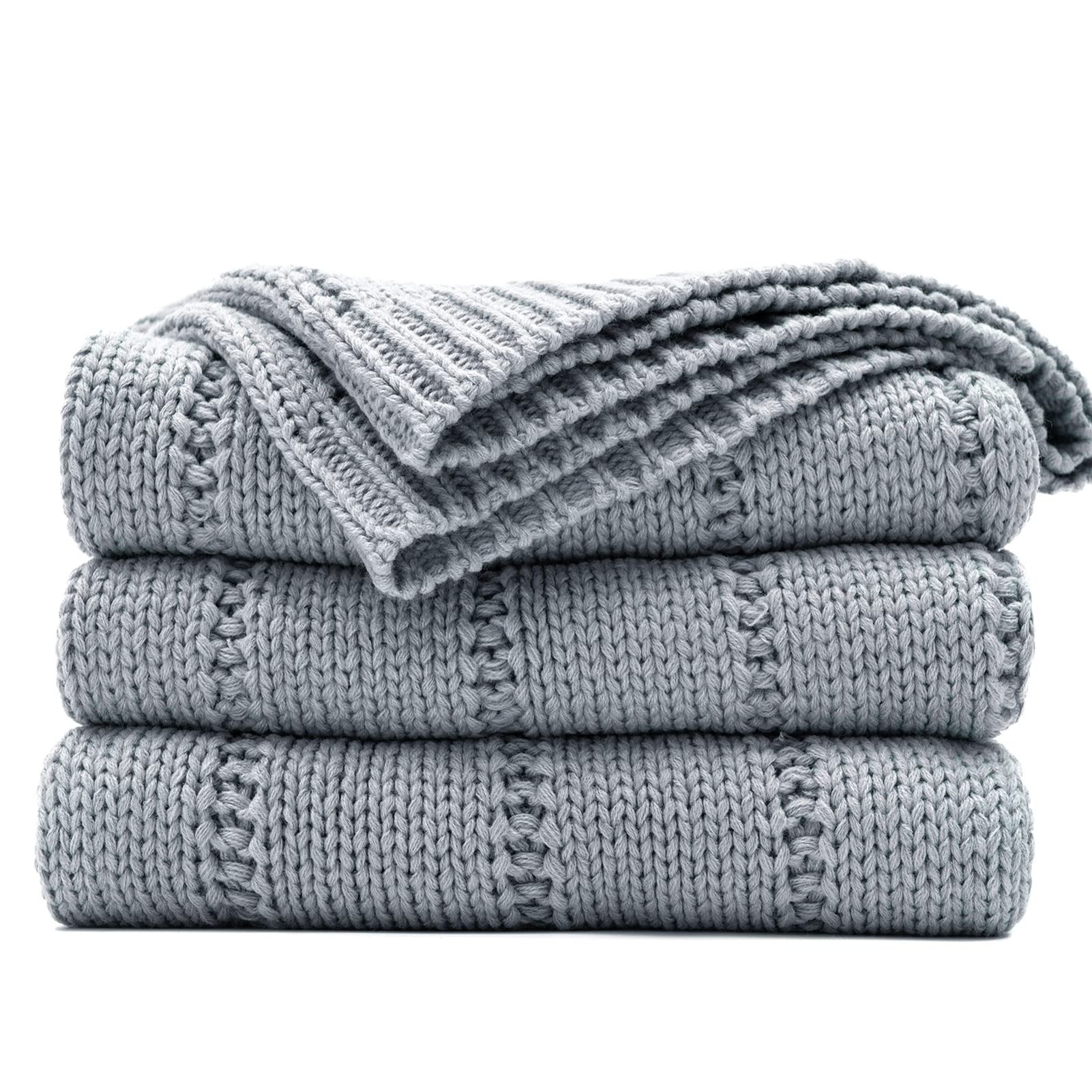 Recyco Cable Knit Light Grey Throw Blanket Twin Size For Couch, Super Soft Warm Cozy Decorative Knitted Throw Blanket 3.6Lb For