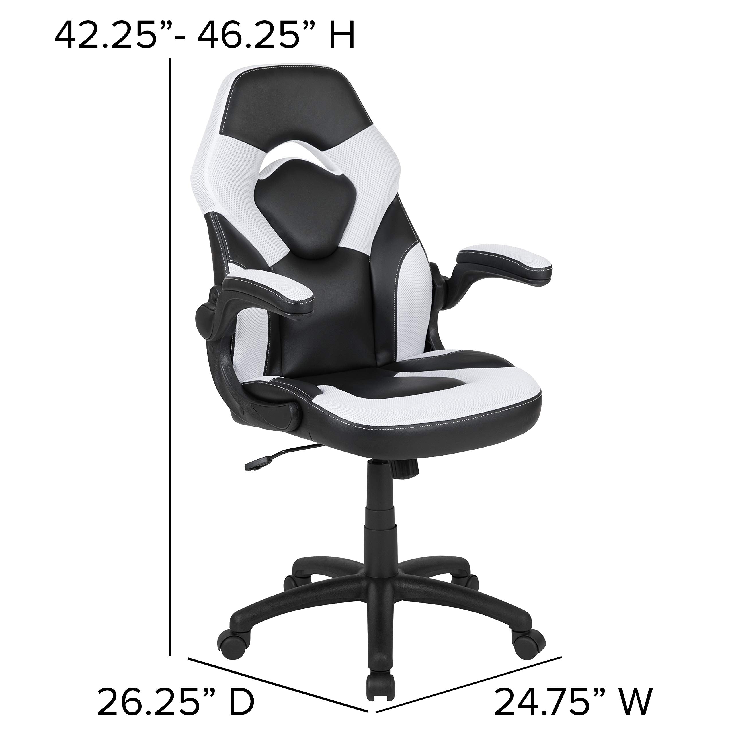 Flash Furniture X10 High-Back Leathersoft Racing Style Gaming Chair With Flip-Up Arms, Ergonomic Padded Swivel Computer Chair, White/Black