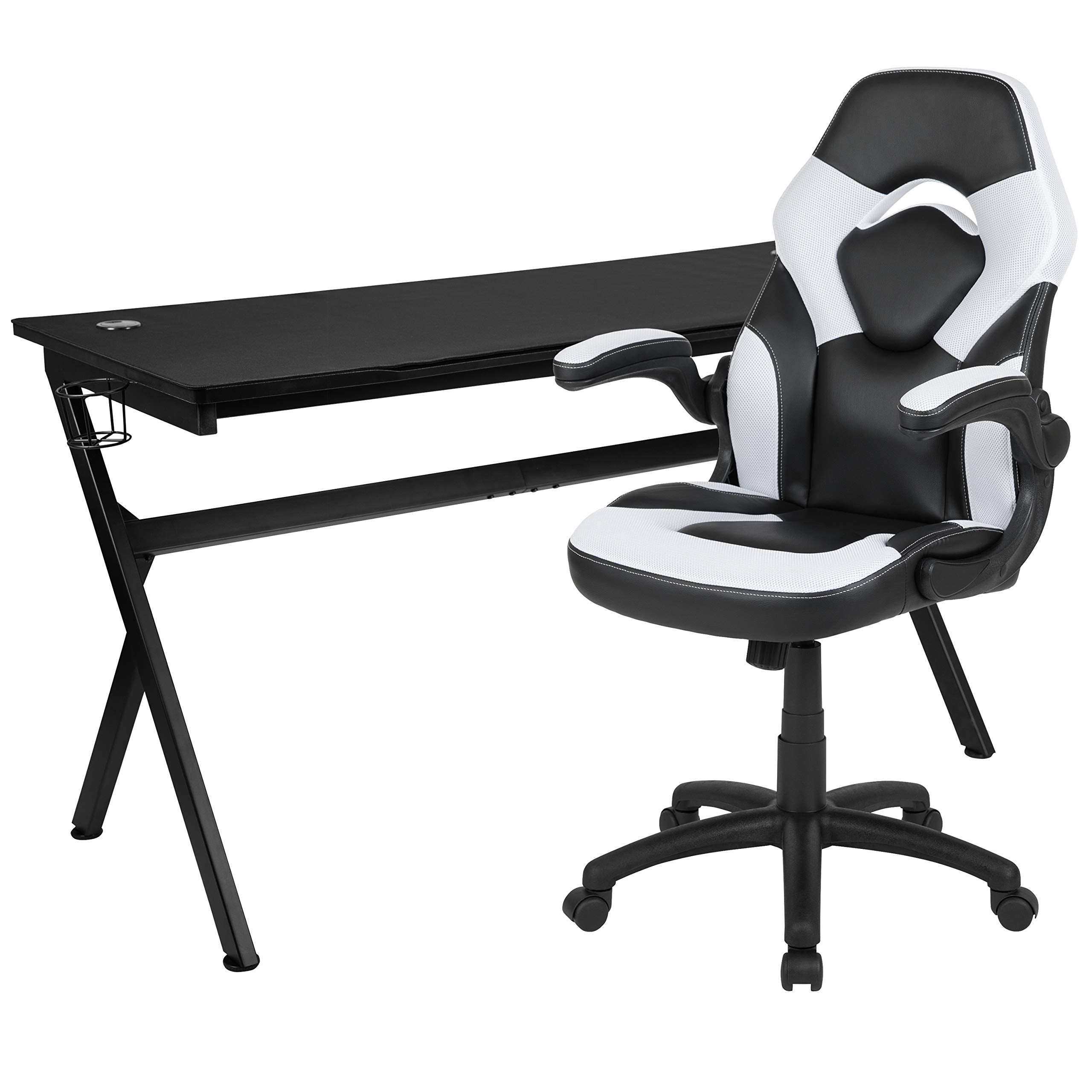 Flash Furniture Gaming Desk And White/Black Racing Chair Set /Cup Holder/Headphone Hook/Removable Mouse Pad Top - 2 Wire Management Holes
