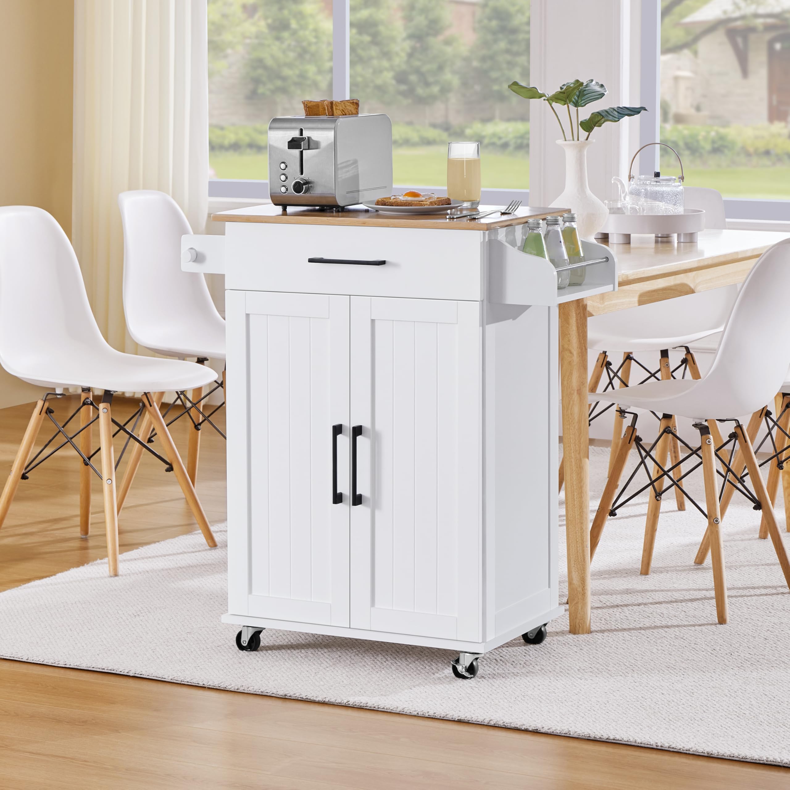 Yaheetech Kitchen Cart With Bamboo Tabletop, 32' Width Rolling Kitchen Island With Drawer And Adjustable Shelf, Storage Cabinet With Spice Rack Towel Bar For Dining Room Kitchen Living Room, White