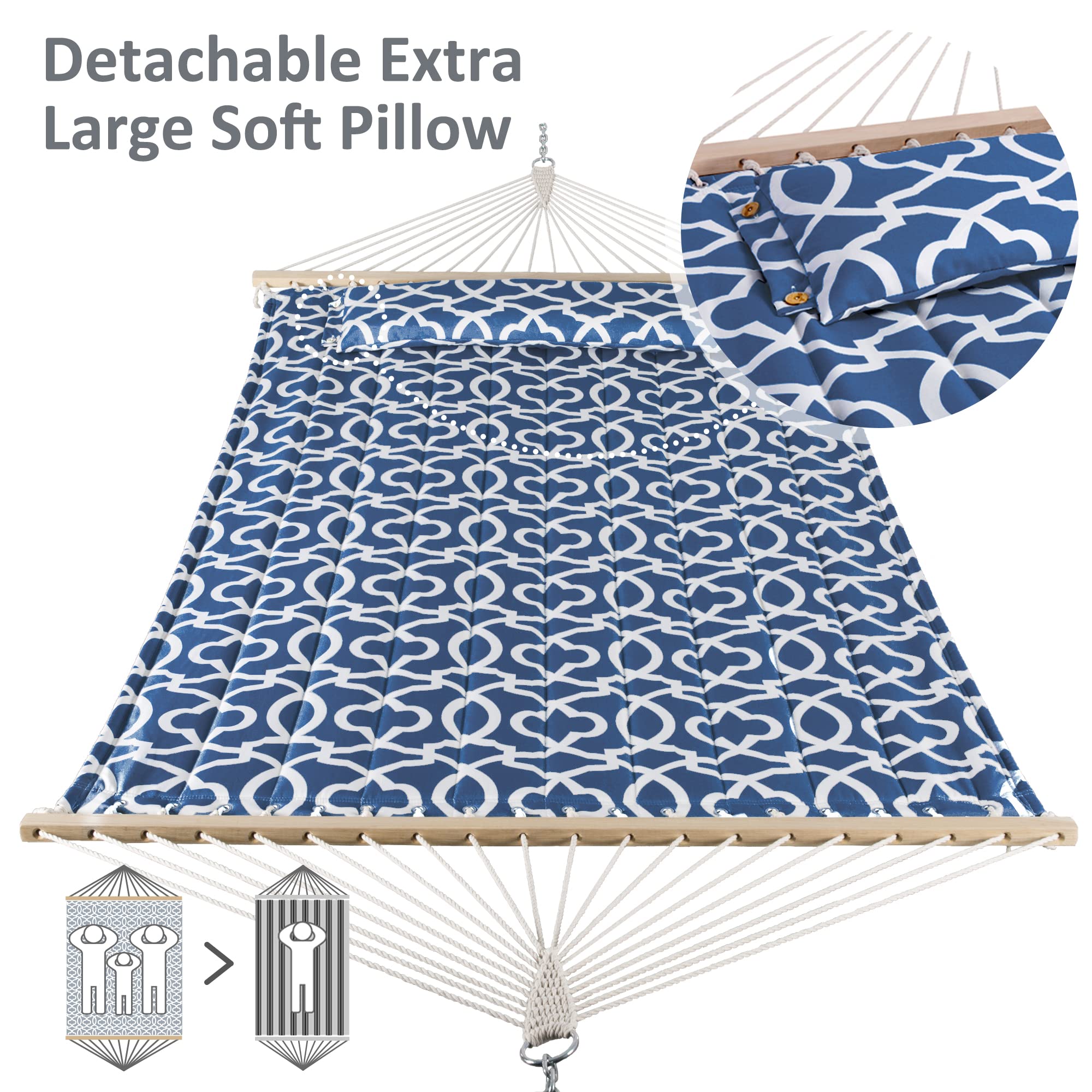 Suncreat Two Person Hammock With Stand, 475 Lbs Capacity, Portable Patio Hammock With Hardwood Spreader Bar, Large Soft Pillow, Blue Pattern