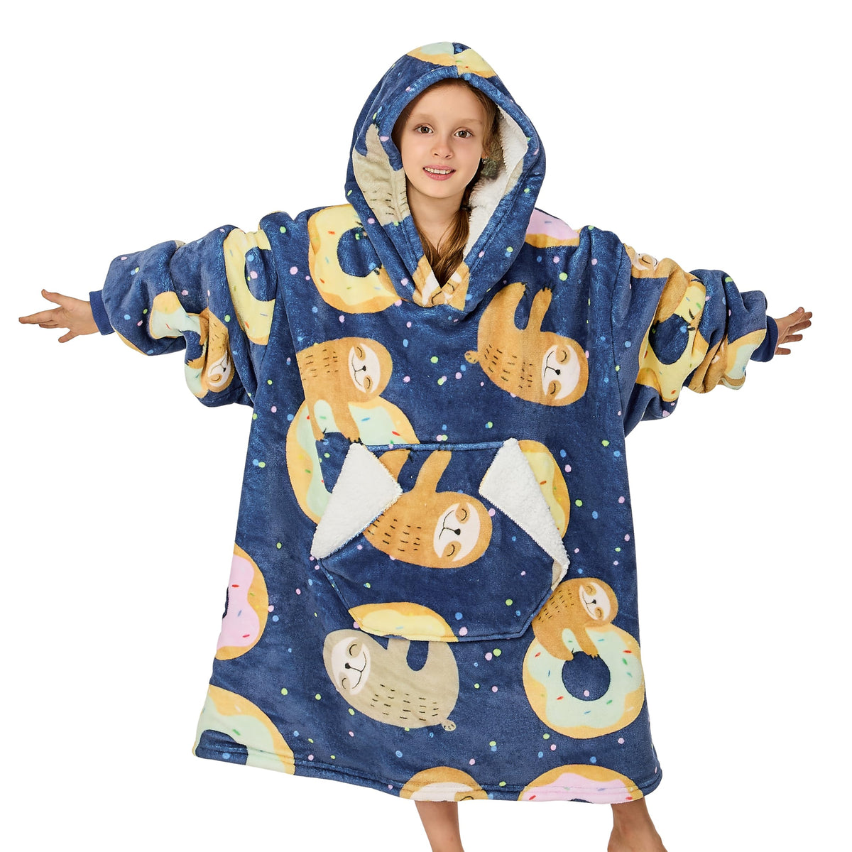 Ramees Wearable Blanket Hoodie For Kids, Sherpa Oversized Sweatshirt Blanket Flannel With Hood Pocket And Sleeves (Sloth)