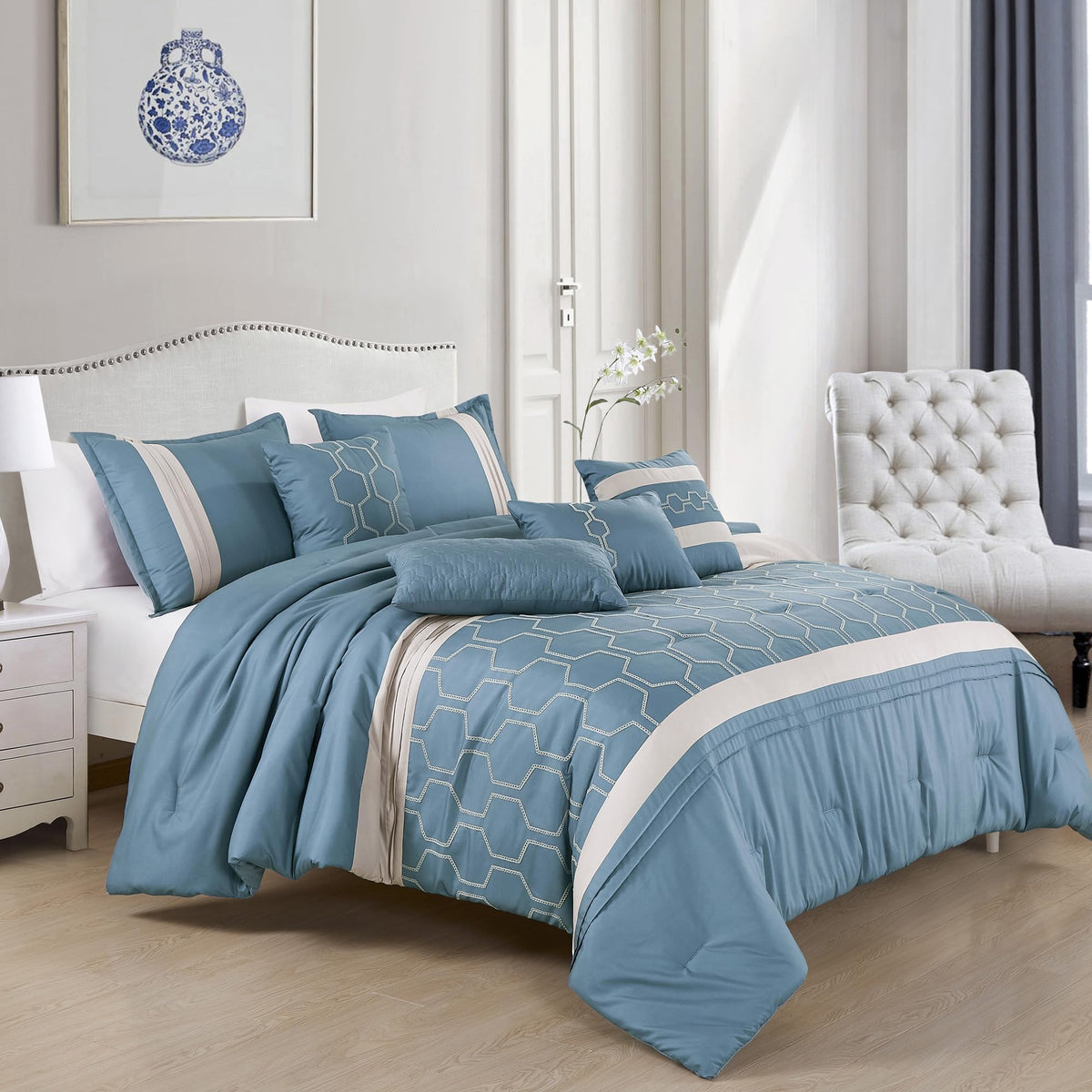 Esca 7-Pieces Jimmi Beige And Blue Comforter Set Embroidered Bedding Queen Size