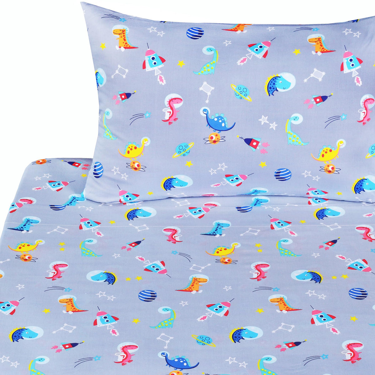 J-Pinno Dinosaur Interstellar Exploration Universe Space Cute Adorable Twin Sheet Set For Kids Girls Boys Children,100% Cotton,
