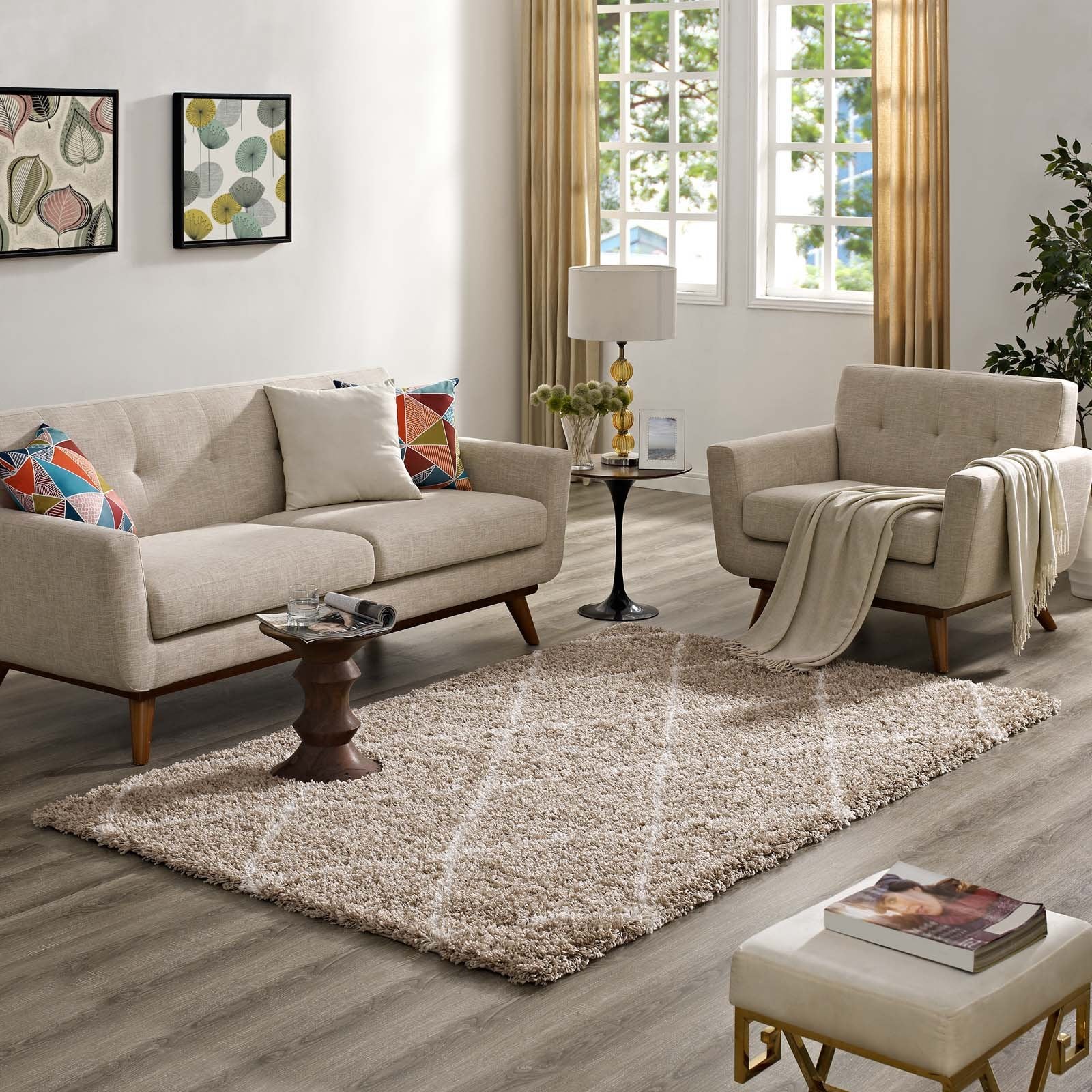 Modway Toryn Diamond Trellis 5X8 High Pile Shag Area Rug With Lattice Design In Beige And Ivory