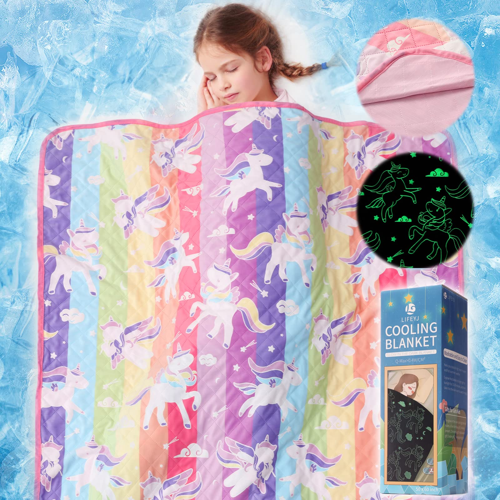 Lifeyj Cooling Blankets For Hot Sleepers, Glow In The Dark Blanket Unicorns Gifts For Girls, Q-Max >0.4 Cool Blanket 3 4 5 6 7 8
